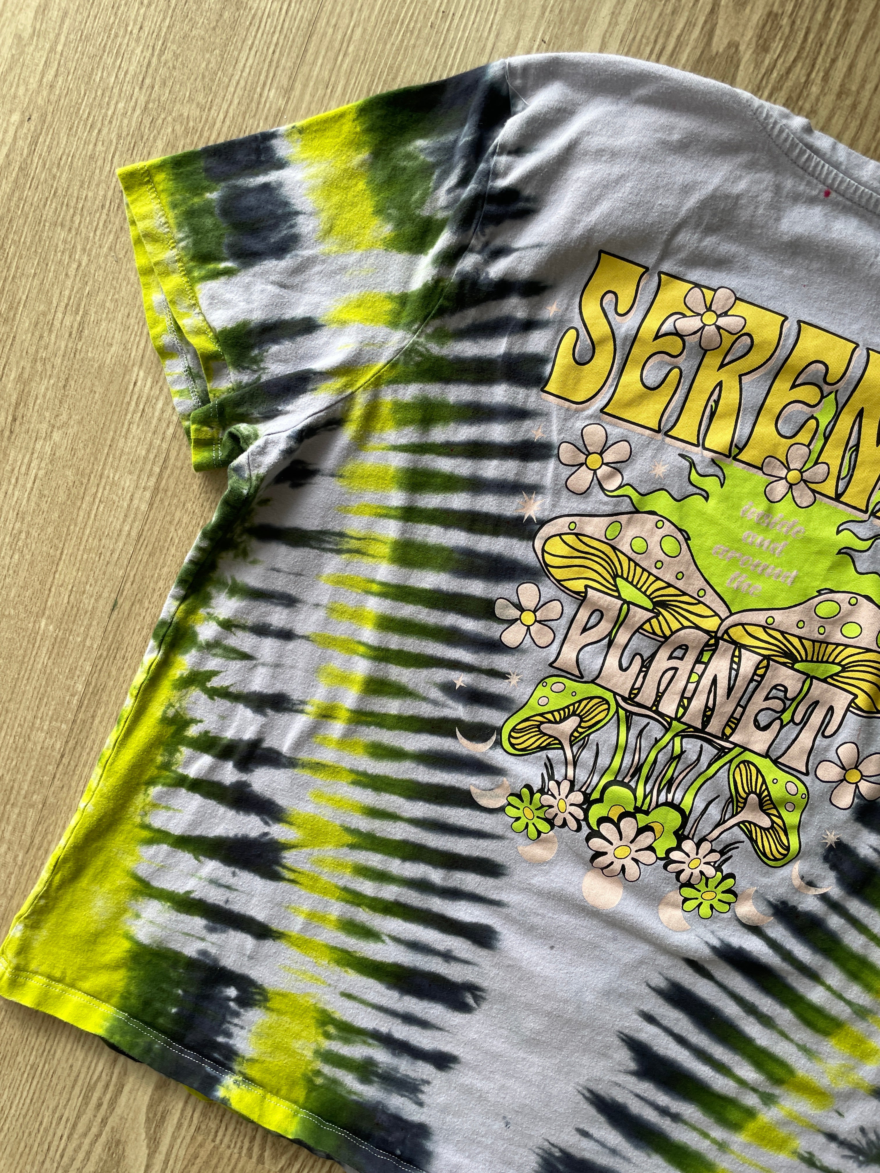 XL Women’s Serenity Planet Mushrooms Tie Dye Short Sleeve T-Shirt | One-Of-a-Kind Upcycled Purple, Green, and Black Pleated Top