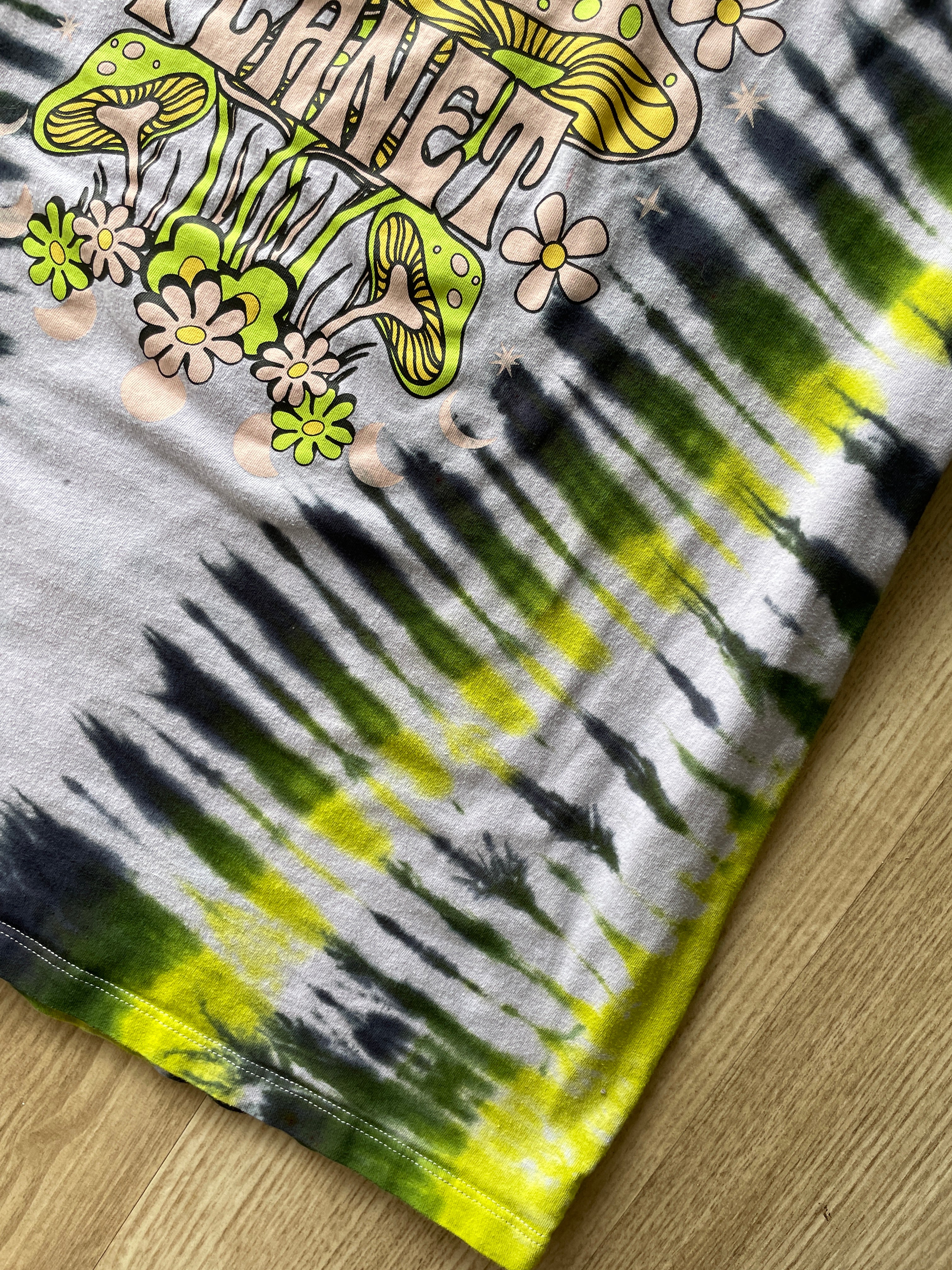 XL Women’s Serenity Planet Mushrooms Tie Dye Short Sleeve T-Shirt | One-Of-a-Kind Upcycled Purple, Green, and Black Pleated Top