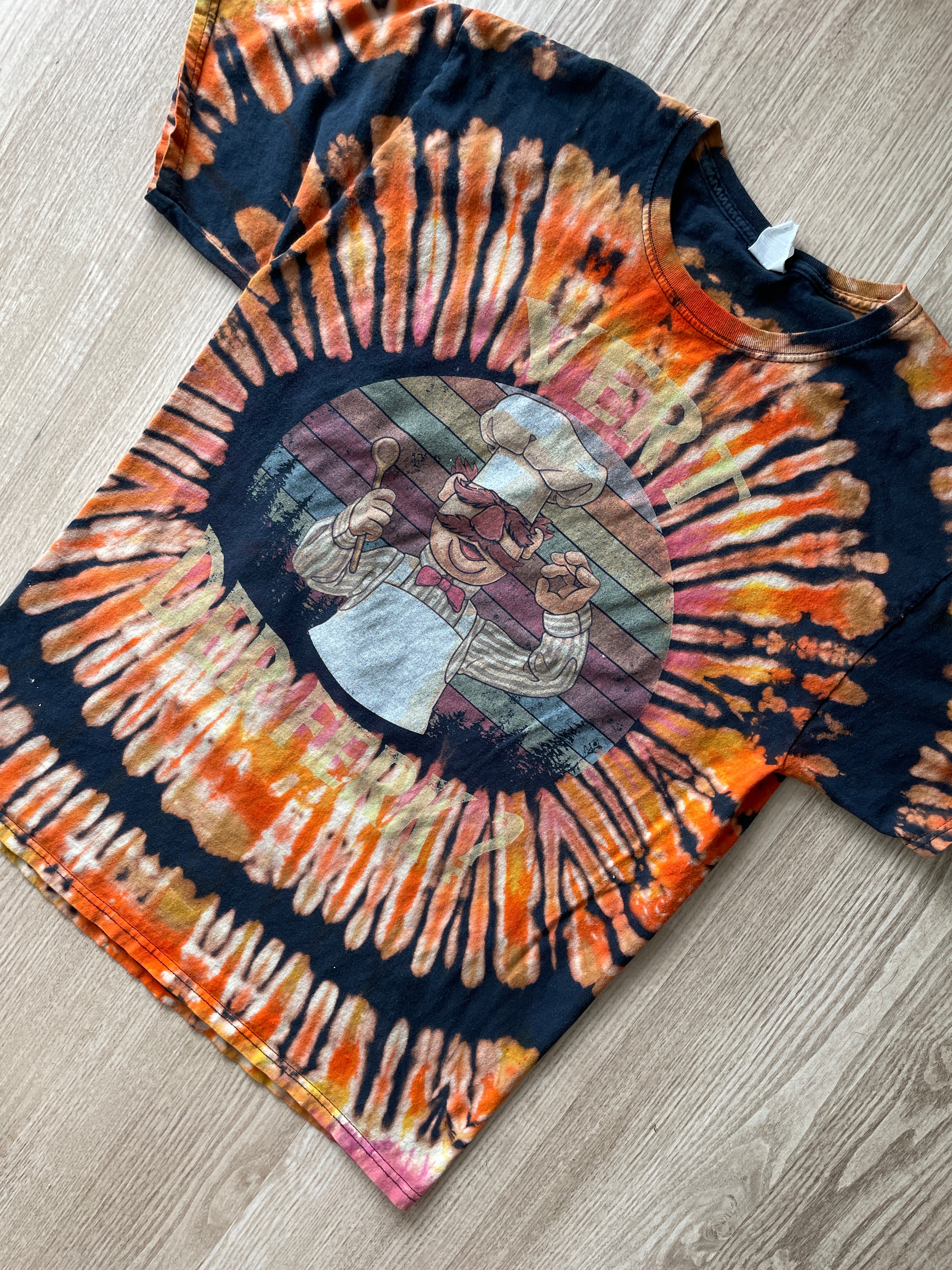 LARGE Men’s WTF Vert Der Ferk? Reverse Tie Dye Short Sleeve T-Shirt | One-Of-a-Kind Upcycled Black and Orange Pleated Top