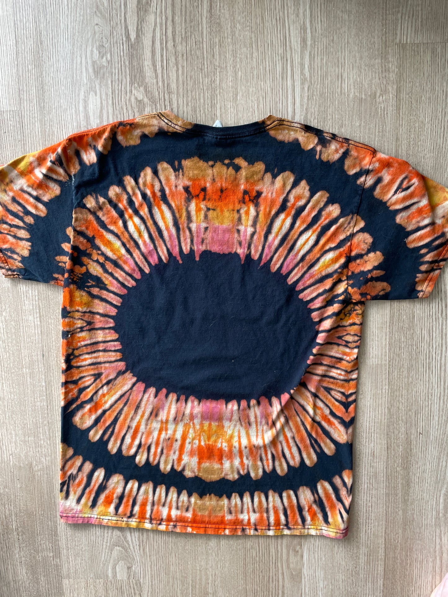 LARGE Men’s WTF Vert Der Ferk? Reverse Tie Dye Short Sleeve T-Shirt | One-Of-a-Kind Upcycled Black and Orange Pleated Top