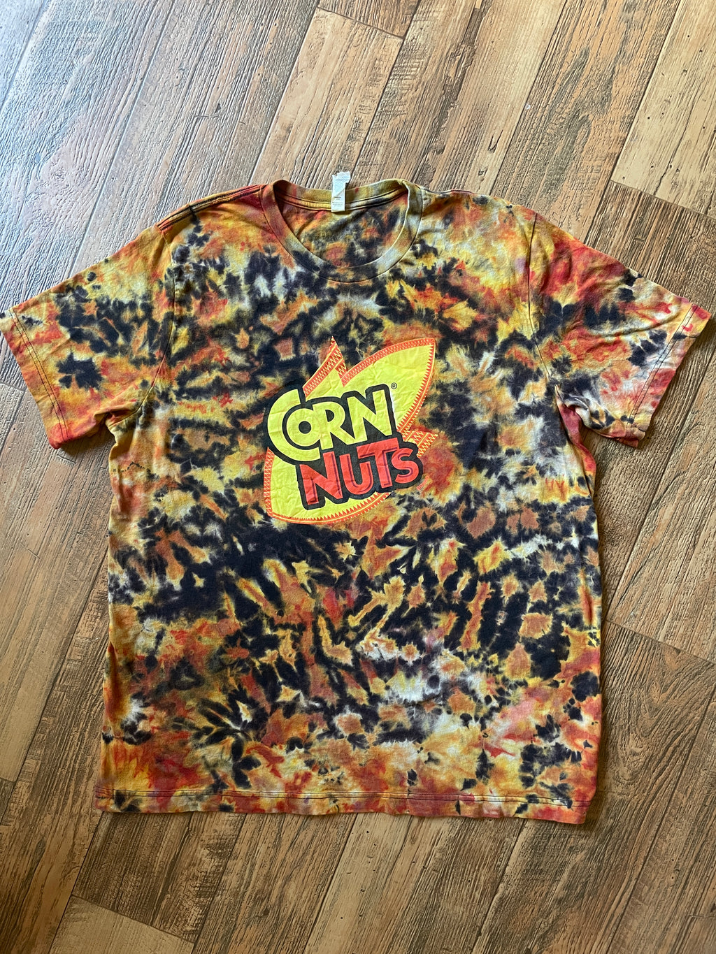 Corn Nuts Black and Orange Reverse Tie Dye Short Sleeve T-Shirt | Men's 2XL