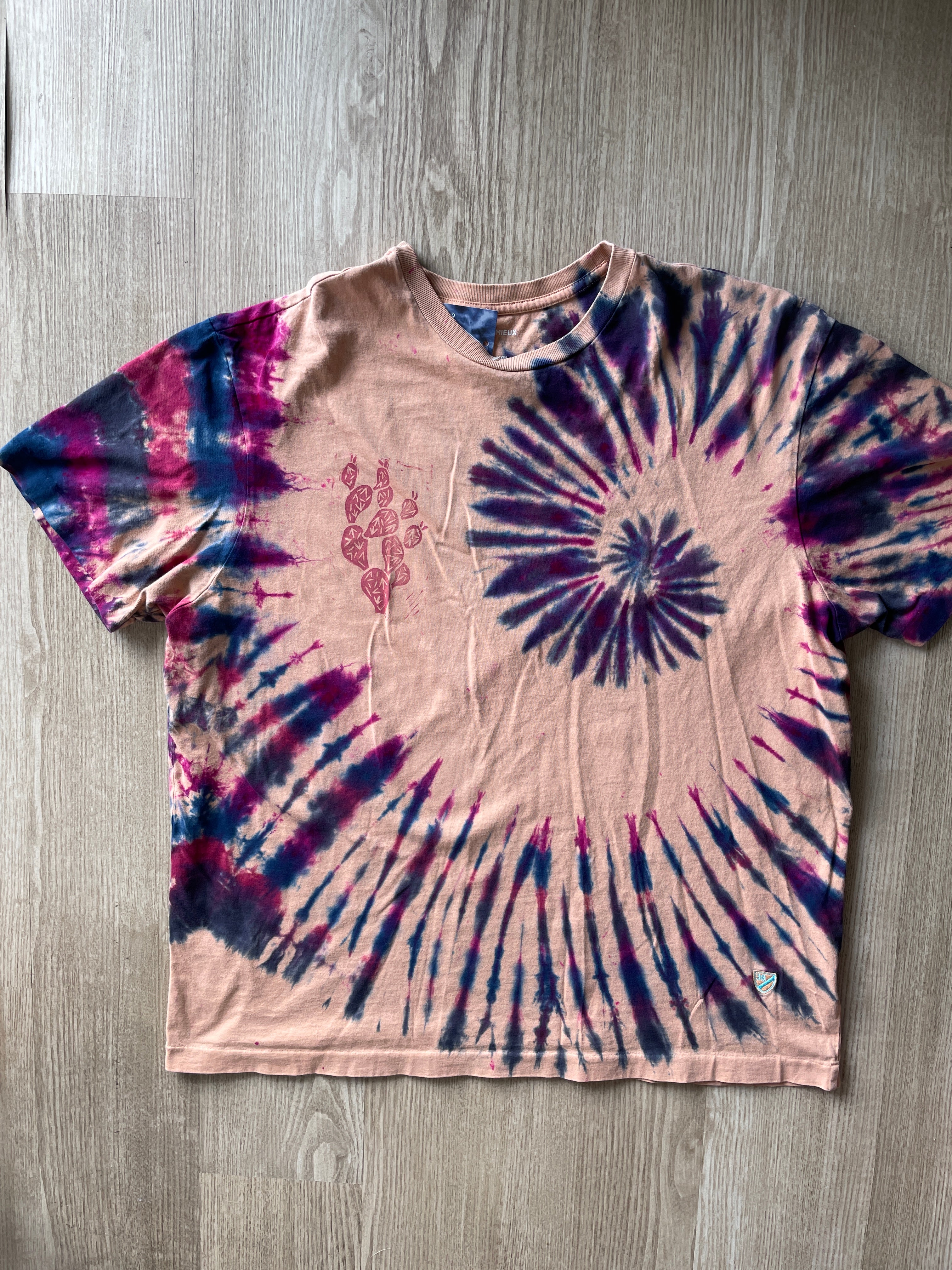 LARGE Men's Prickly Pear Cactus Tie Dye T-Shirt | One-Of-a-Kind Pink and Purple Spiral Short Sleeve