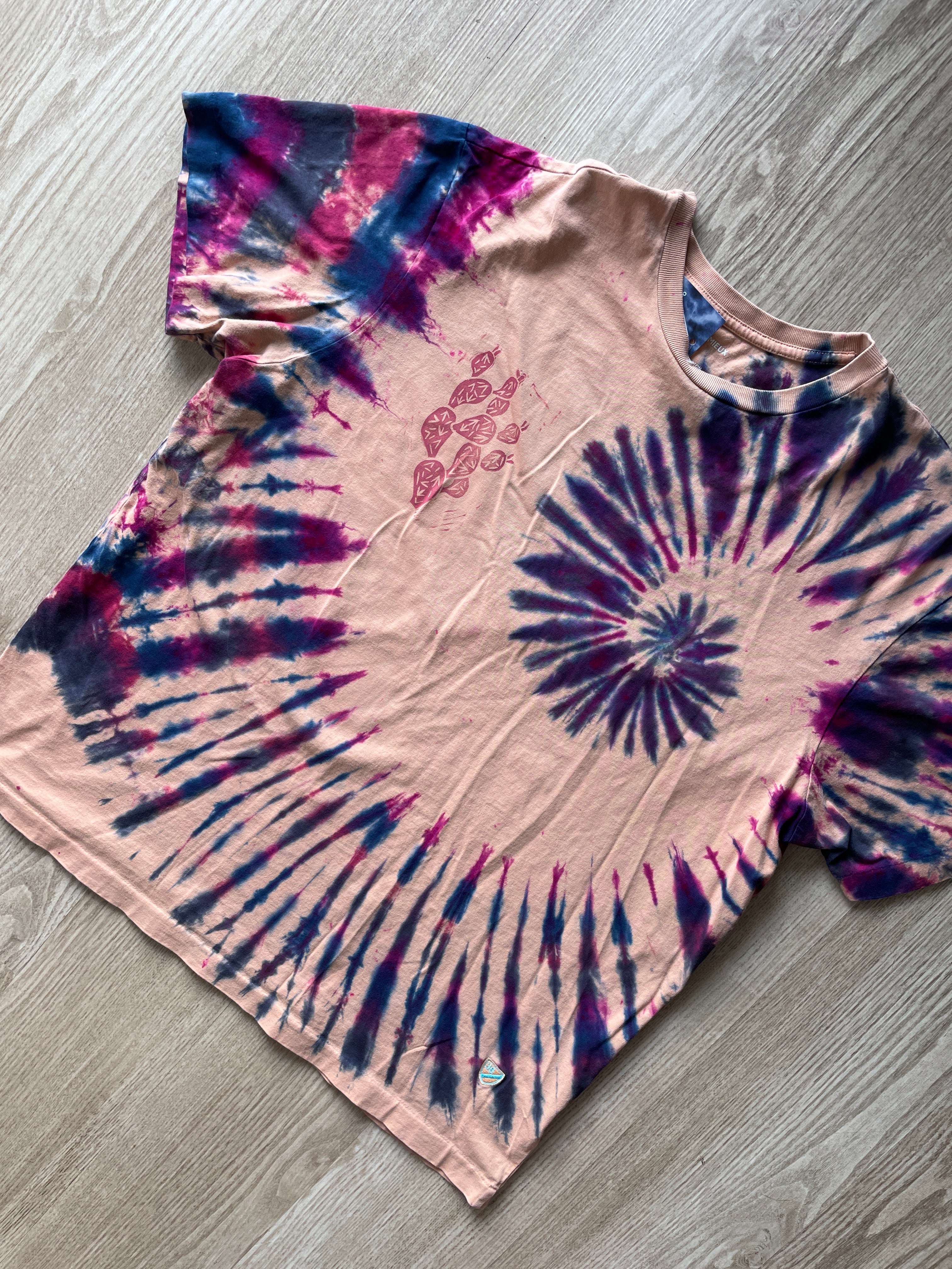 LARGE Men's Prickly Pear Cactus Tie Dye T-Shirt | One-Of-a-Kind Pink and Purple Spiral Short Sleeve