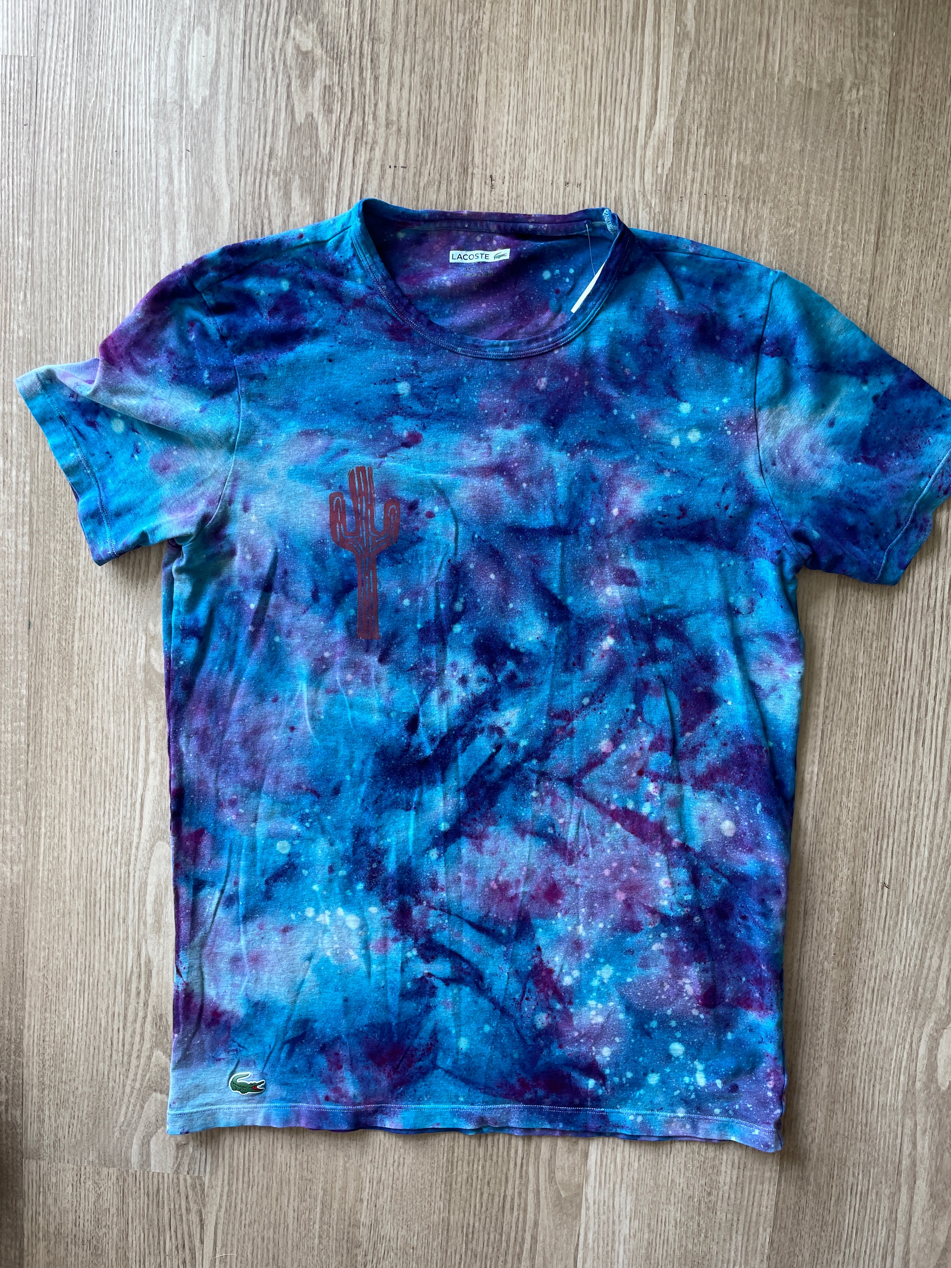 MEDIUM Men's Saguaro Cactus Galaxy Tie Dye T-Shirt | One-Of-a-Kind Blue and Purple Crumpled Short Sleeve