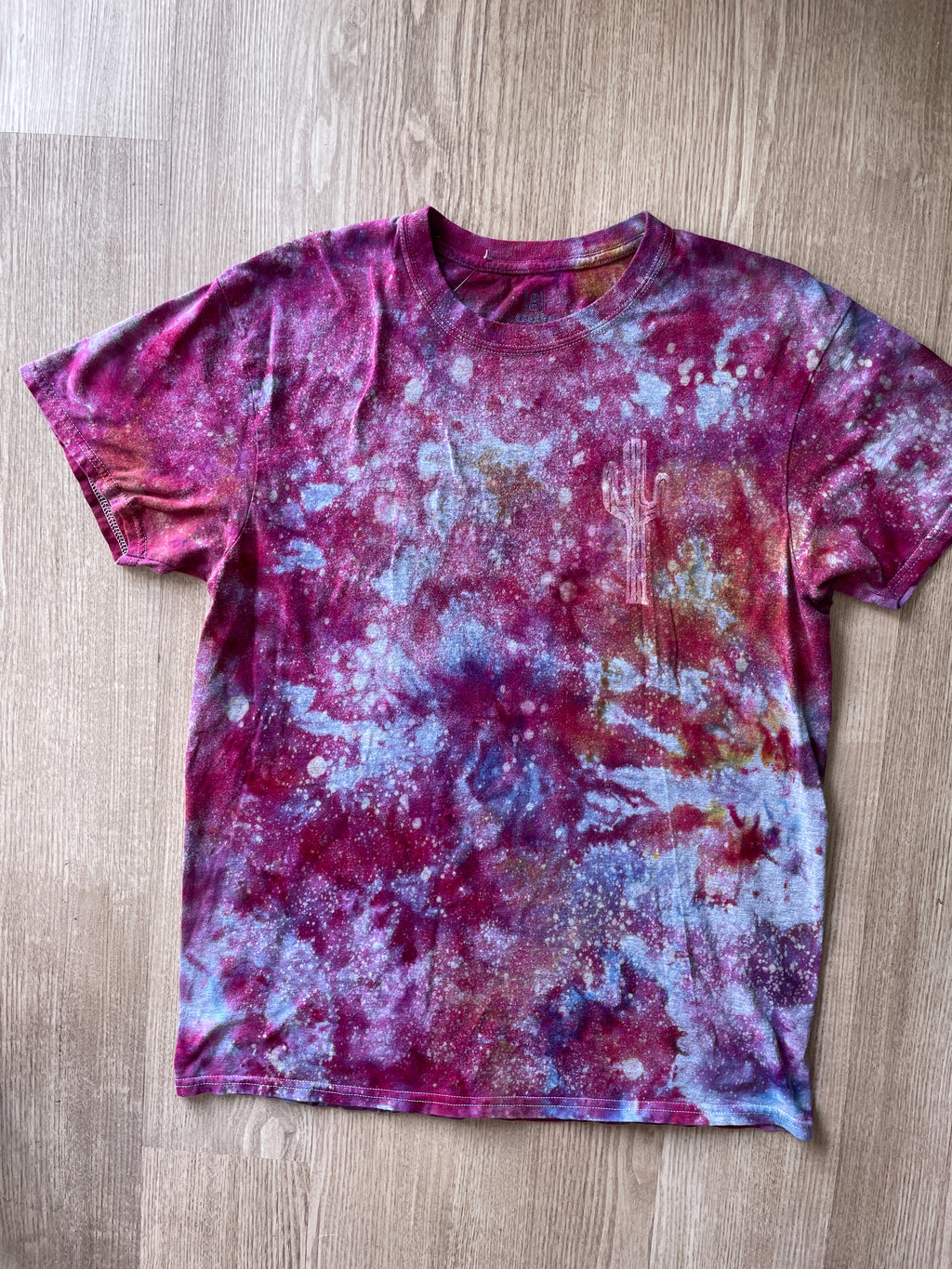 LARGE Men's Saguaro Cactus Galaxy Tie Dye T-Shirt | One-Of-a-Kind Pink and Purple Crumpled Short Sleeve