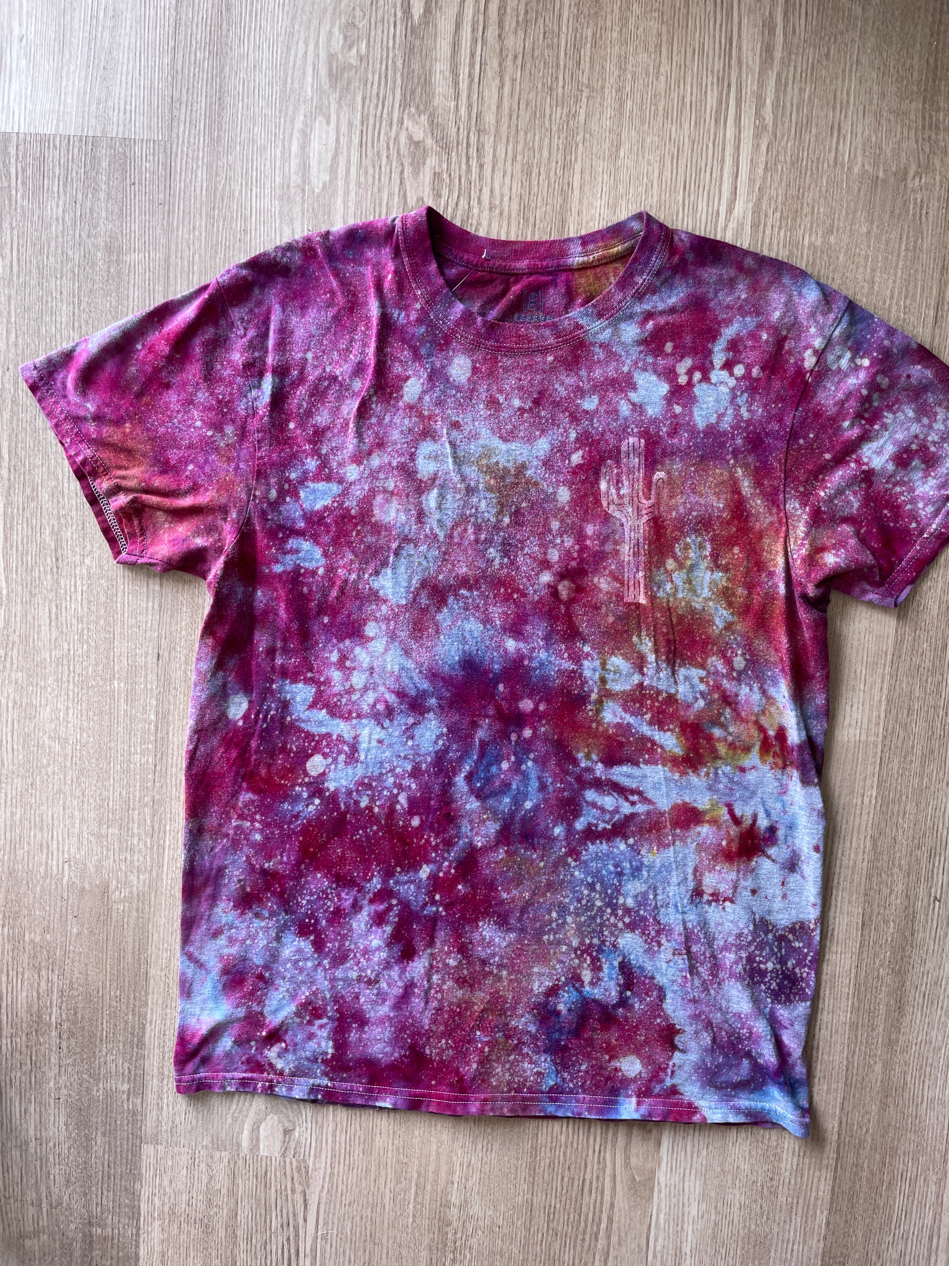 LARGE Men's Saguaro Cactus Galaxy Tie Dye T-Shirt | One-Of-a-Kind Pink and Purple Crumpled Short Sleeve