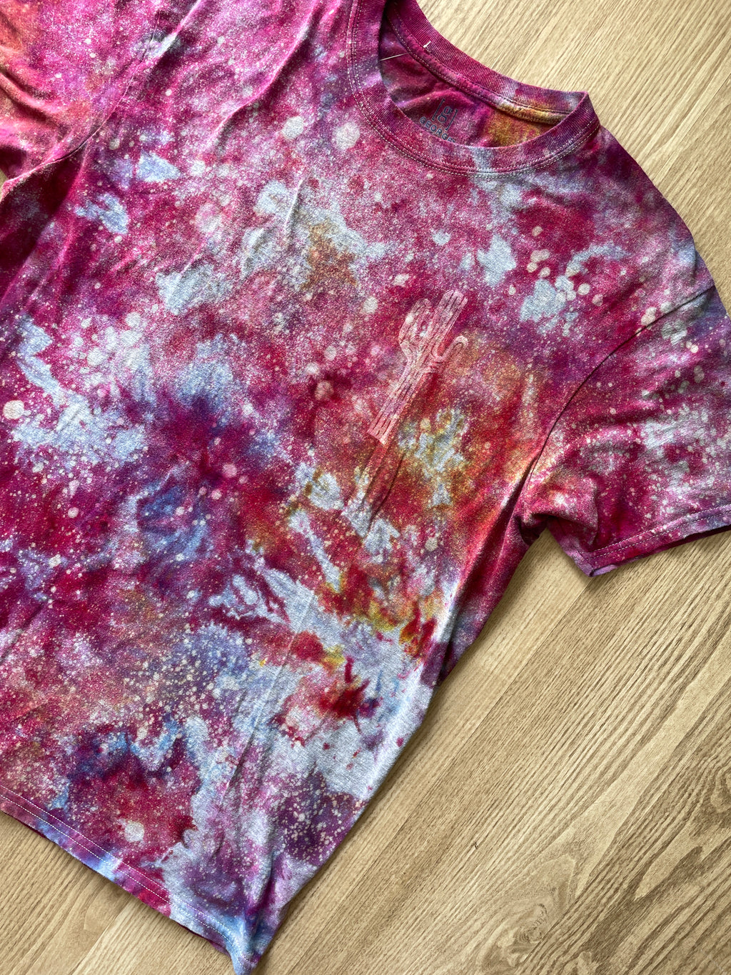 LARGE Men's Saguaro Cactus Galaxy Tie Dye T-Shirt | One-Of-a-Kind Pink and Purple Crumpled Short Sleeve