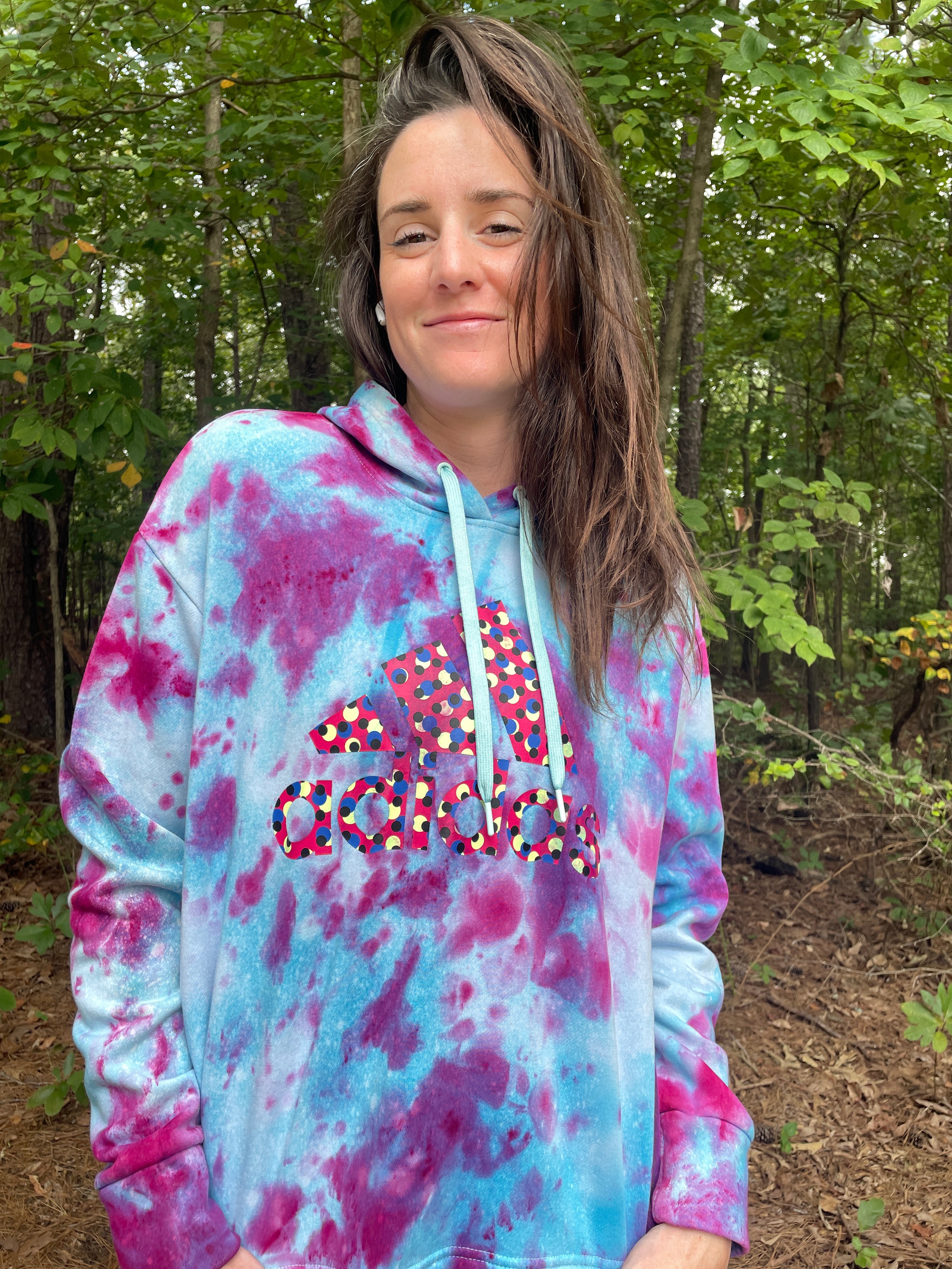 XL Women's adidas Galaxy Ice Dye Tie Dye Long Sleeve Pullover Hoodie | One-Of-a-Kind Upcycled Blue and Purple Sweatshirt