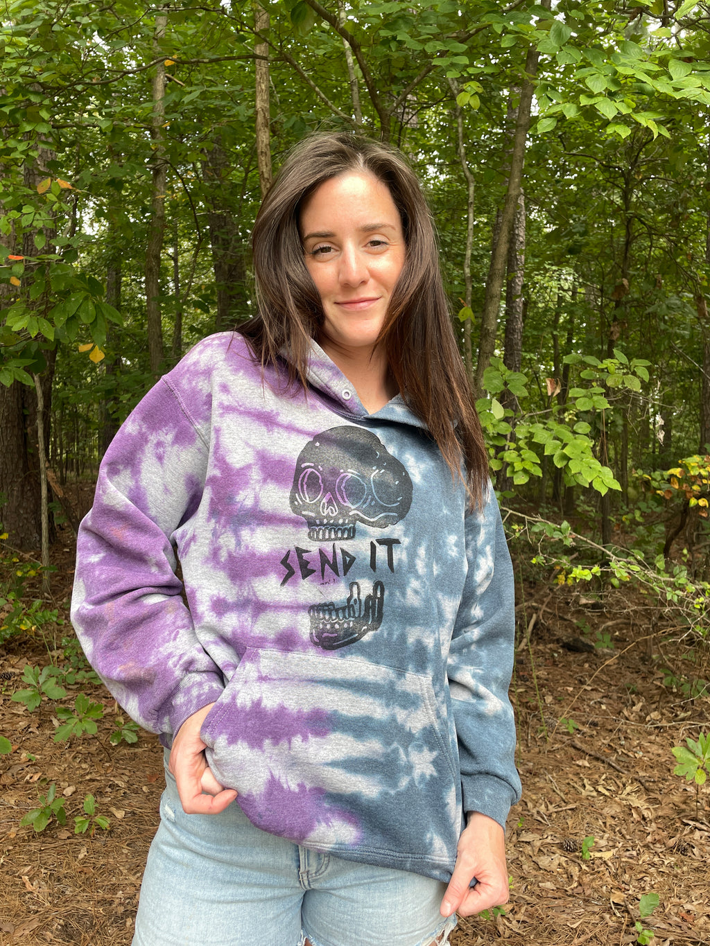 Medium Men's Send It Skull Tie Dye Hoodie | One-of-a-Kind Hand-Printed Purple and Blue Sweatshirt