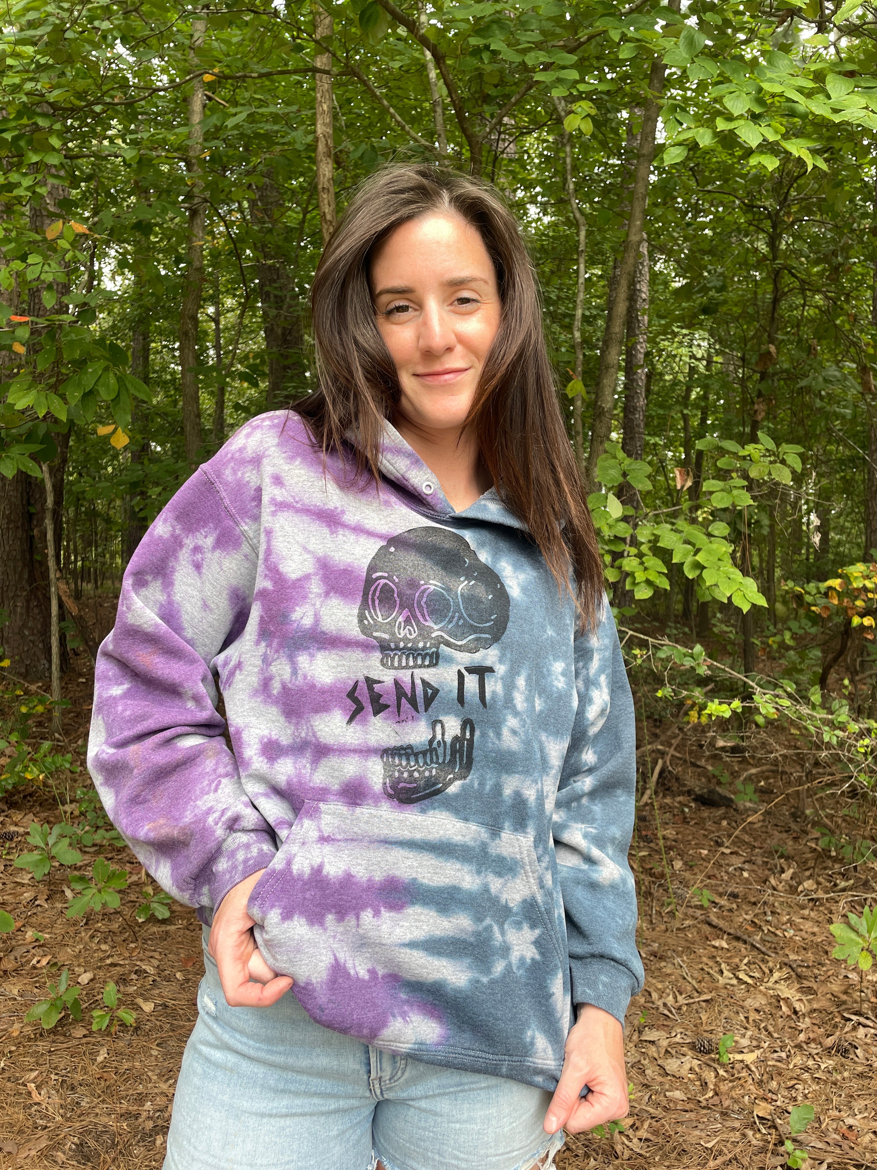 Medium Men's Send It Skull Tie Dye Hoodie | One-of-a-Kind Hand-Printed Purple and Blue Sweatshirt