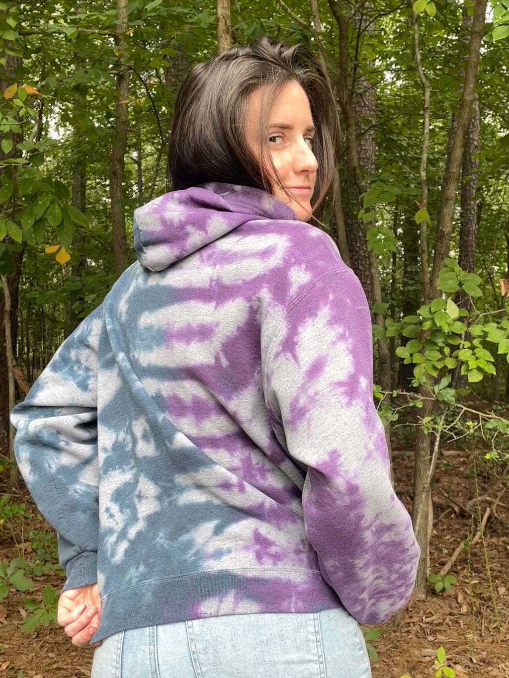 Medium Men's Send It Skull Tie Dye Hoodie | One-of-a-Kind Hand-Printed Purple and Blue Sweatshirt