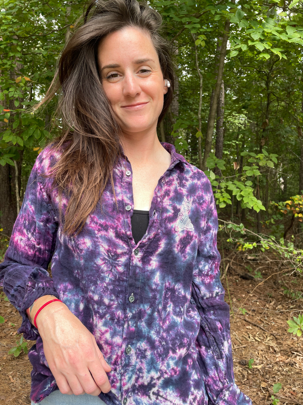 Ski Boot Handmade Pink and Purple Bleach Dye Button-Up Shirt | Women's Medium