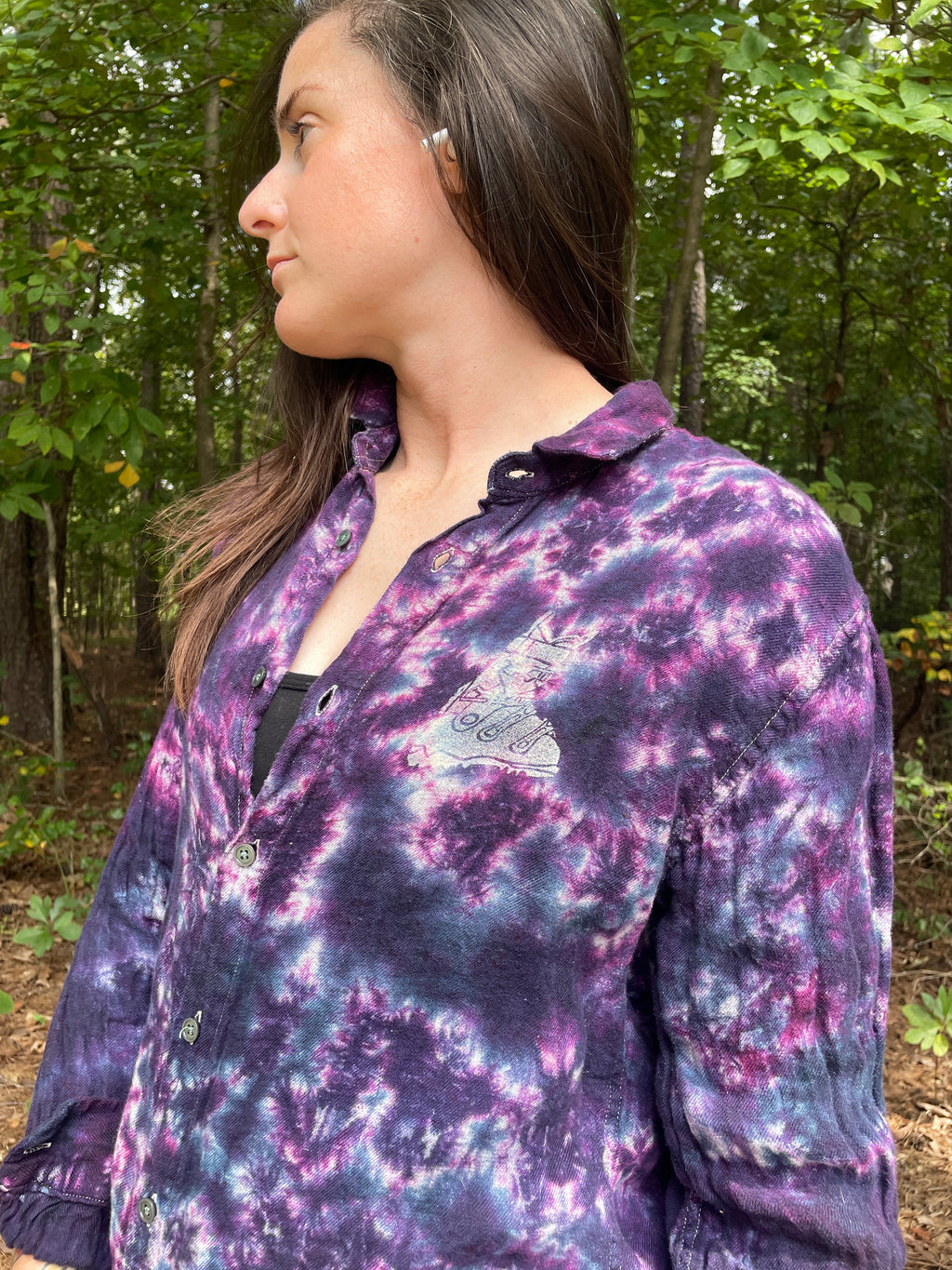 Ski Boot Handmade Pink and Purple Bleach Dye Button-Up Shirt | Women's Medium