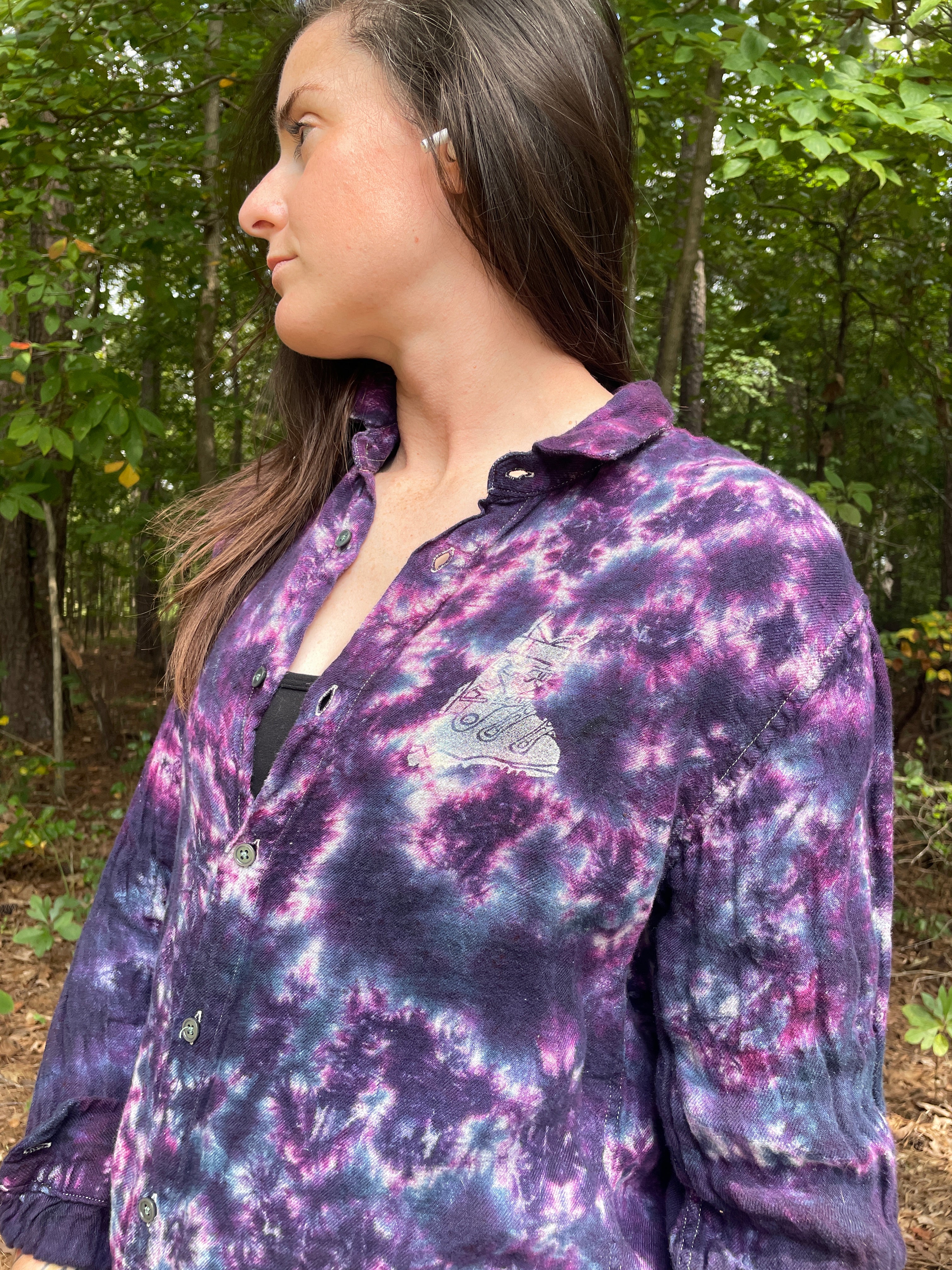 Ski Boot Handmade Pink and Purple Bleach Dye Button-Up Shirt | Women's Medium