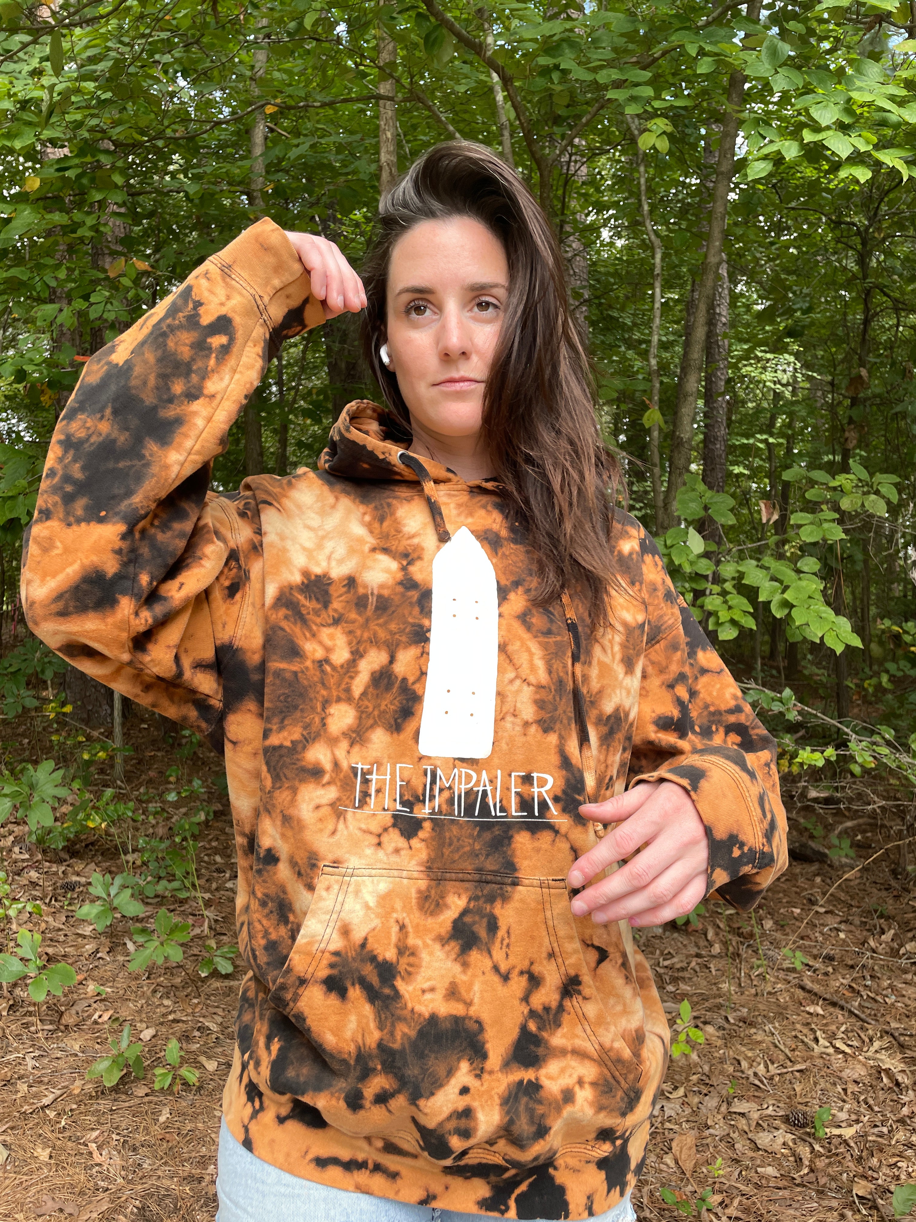 XL Men's The Impaler Snowboard Mag Bleach Dye Long Sleeve Pullover Hoodie | One-Of-a-Kind Upcycled Black and Orange Sweatshirt