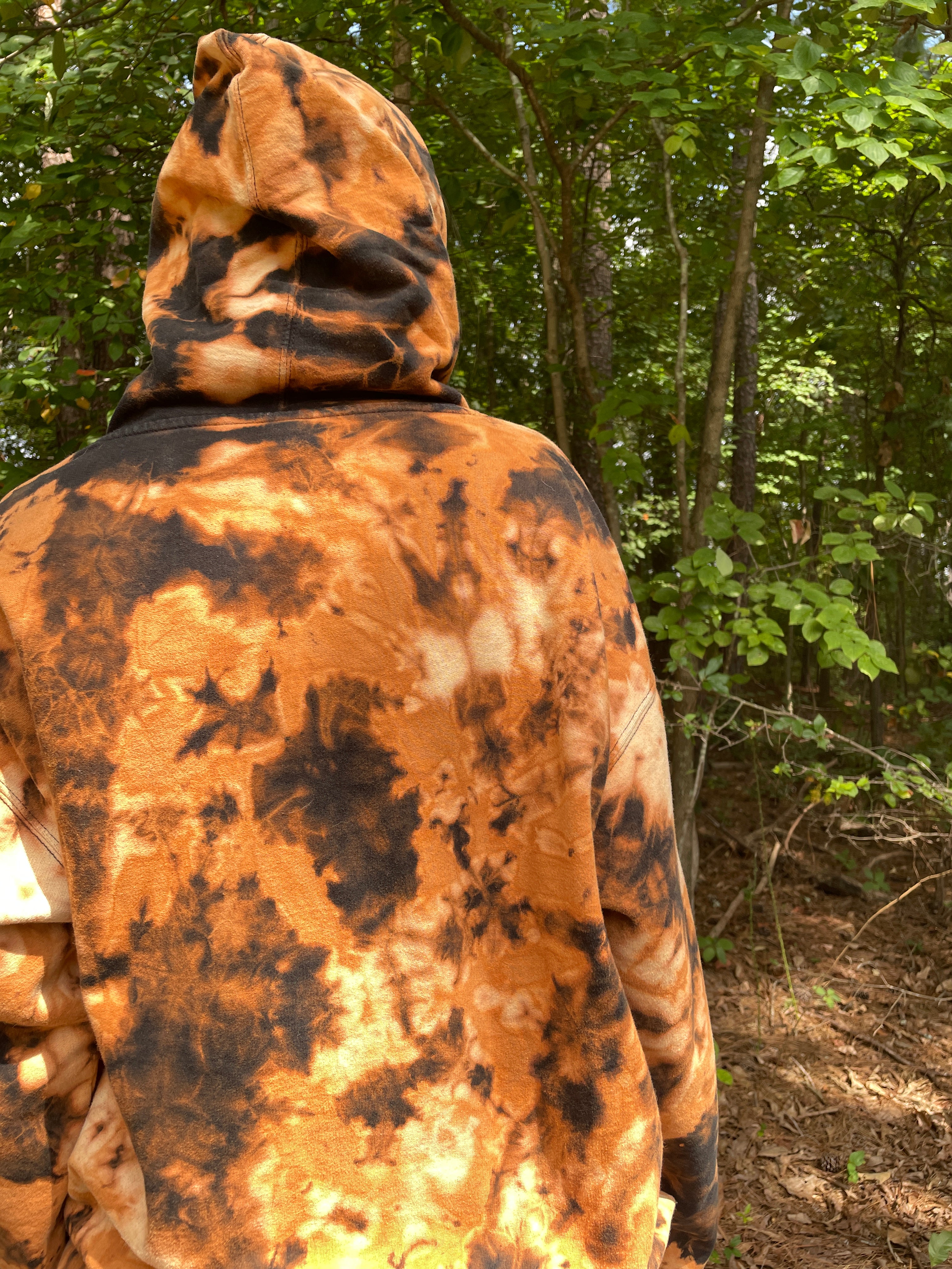 XL Men's The Impaler Snowboard Mag Bleach Dye Long Sleeve Pullover Hoodie | One-Of-a-Kind Upcycled Black and Orange Sweatshirt