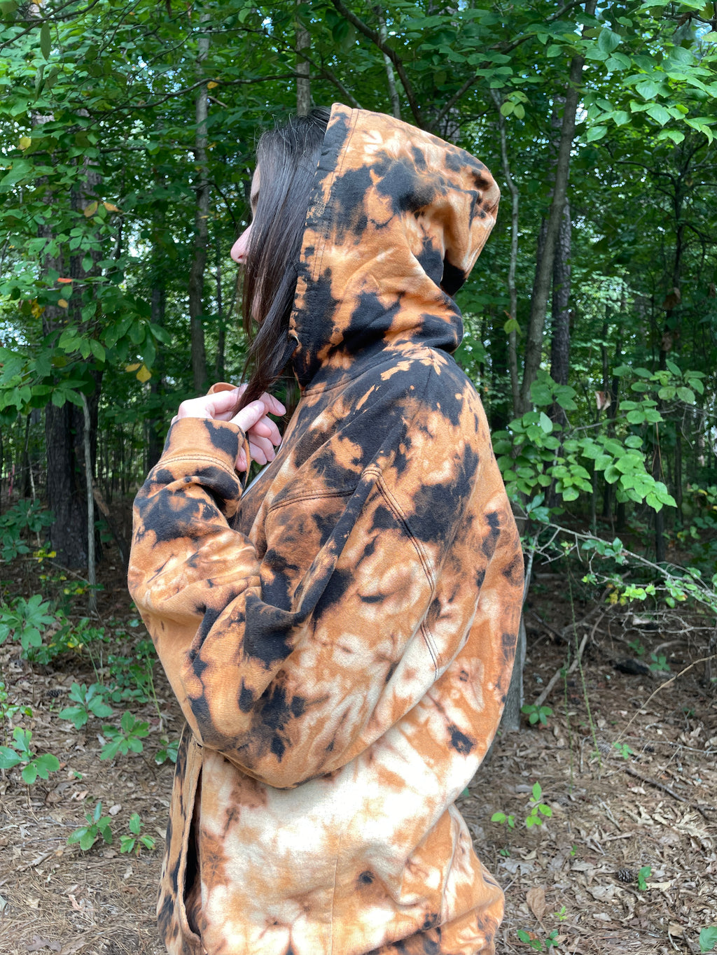 XL Men's The Impaler Snowboard Mag Bleach Dye Long Sleeve Pullover Hoodie | One-Of-a-Kind Upcycled Black and Orange Sweatshirt