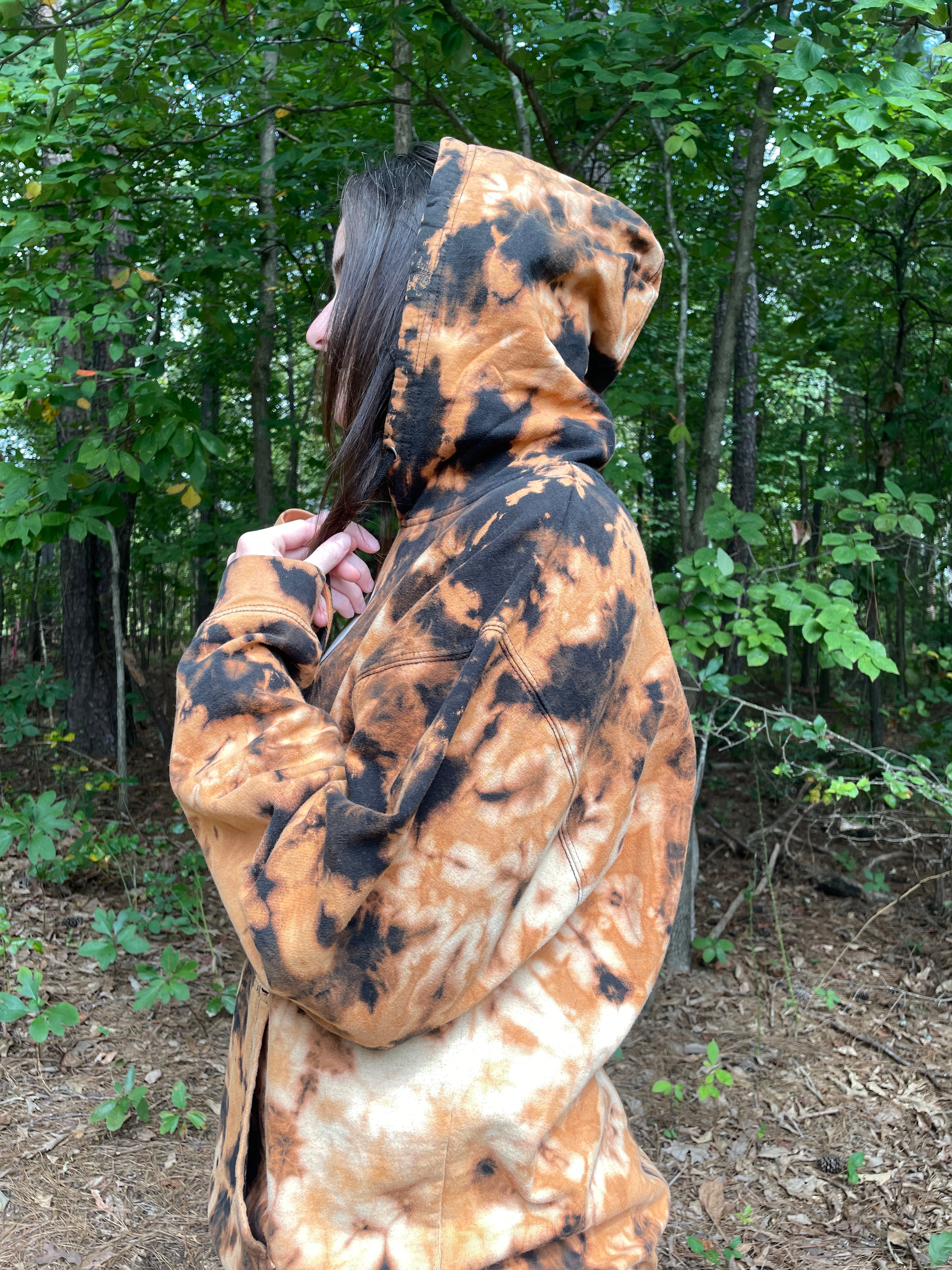 XL Men's The Impaler Snowboard Mag Bleach Dye Long Sleeve Pullover Hoodie | One-Of-a-Kind Upcycled Black and Orange Sweatshirt