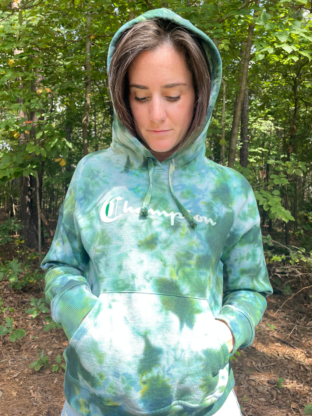 Small Women's Champion Tie Dye Long Sleeve Pullover Hoodie | One-Of-a-Kind Upcycled Green and Blue Sweatshirt