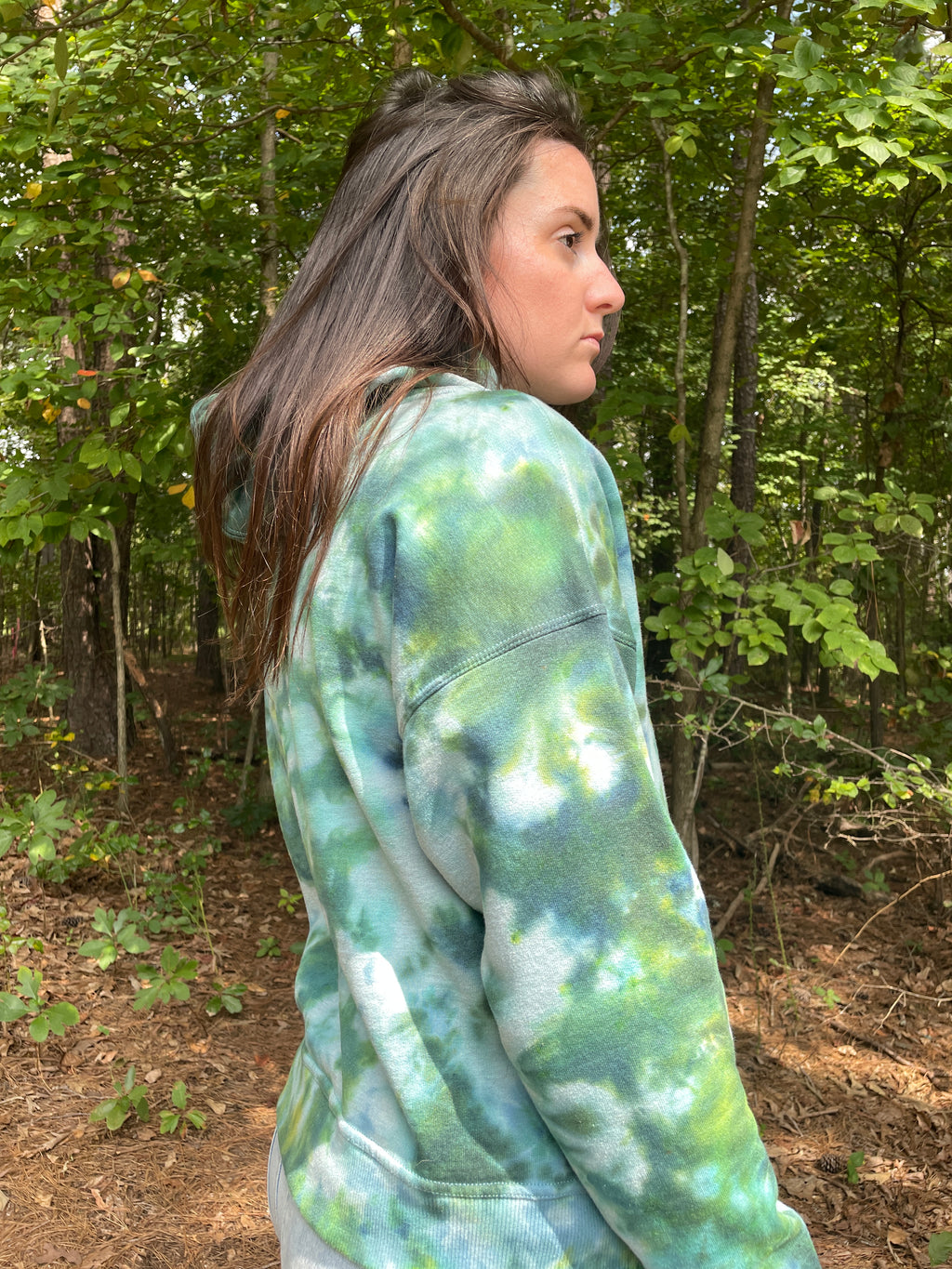 Small Women's Champion Tie Dye Long Sleeve Pullover Hoodie | One-Of-a-Kind Upcycled Green and Blue Sweatshirt