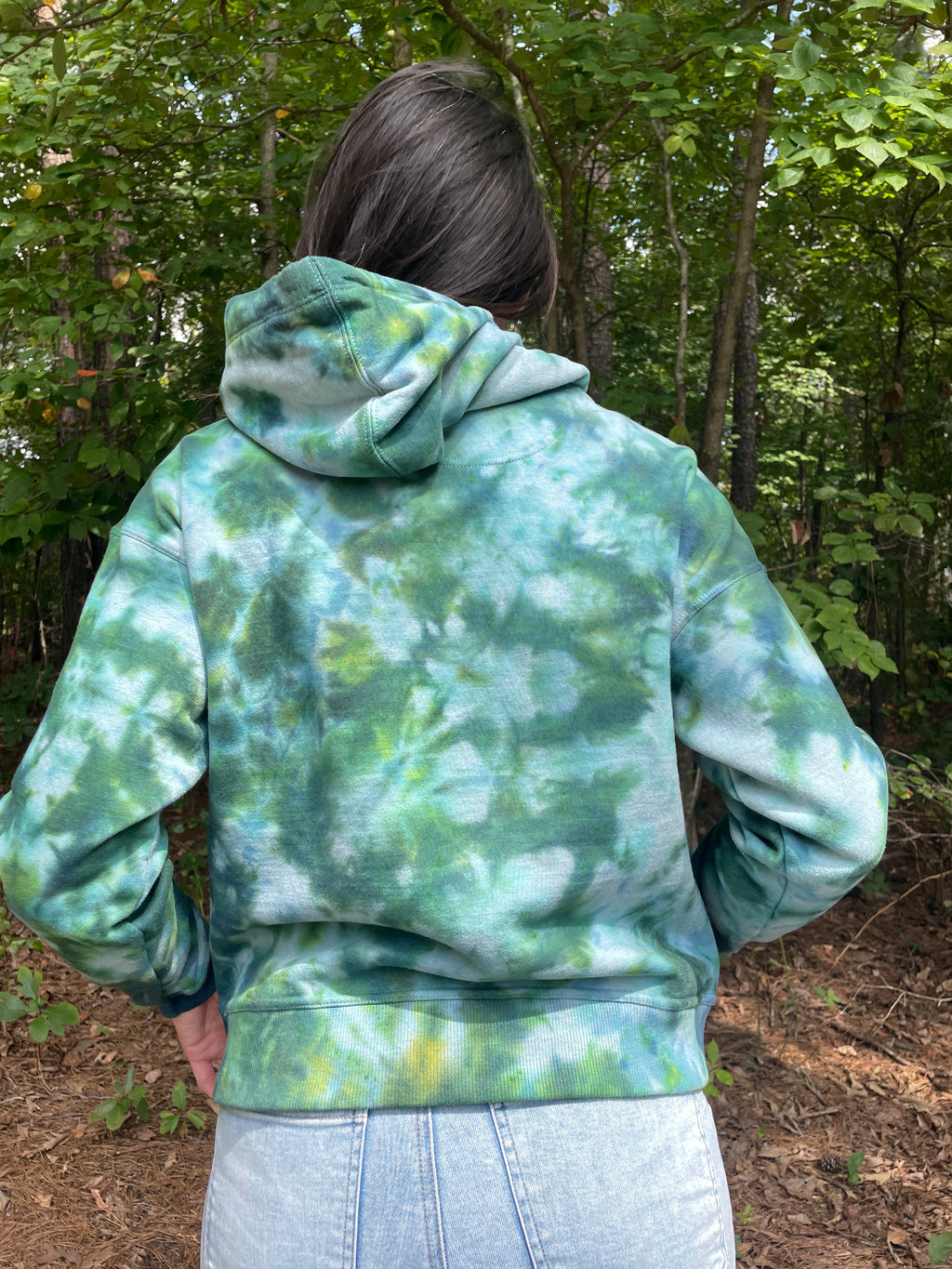 Small Women's Champion Tie Dye Long Sleeve Pullover Hoodie | One-Of-a-Kind Upcycled Green and Blue Sweatshirt