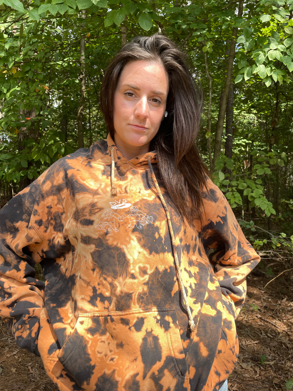 XL Men's DVD Bleach Dye Long Sleeve Pullover Hoodie | One-Of-a-Kind Upcycled Black and Orange Sweatshirt