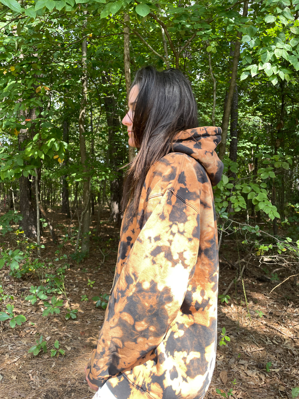 XL Men's DVD Bleach Dye Long Sleeve Pullover Hoodie | One-Of-a-Kind Upcycled Black and Orange Sweatshirt