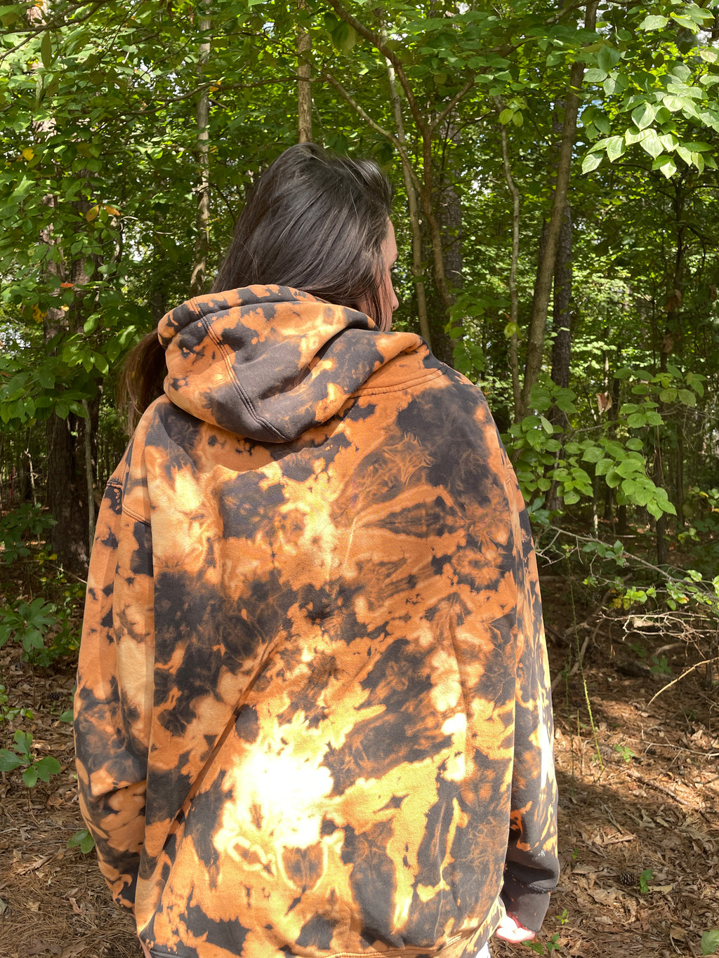 XL Men's DVD Bleach Dye Long Sleeve Pullover Hoodie | One-Of-a-Kind Upcycled Black and Orange Sweatshirt