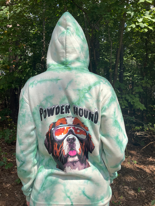 Medium Men's Powder Hound Tie Dye Long Sleeve Pullover Hoodie | One-Of-a-Kind Upcycled White and Green Sweatshirt