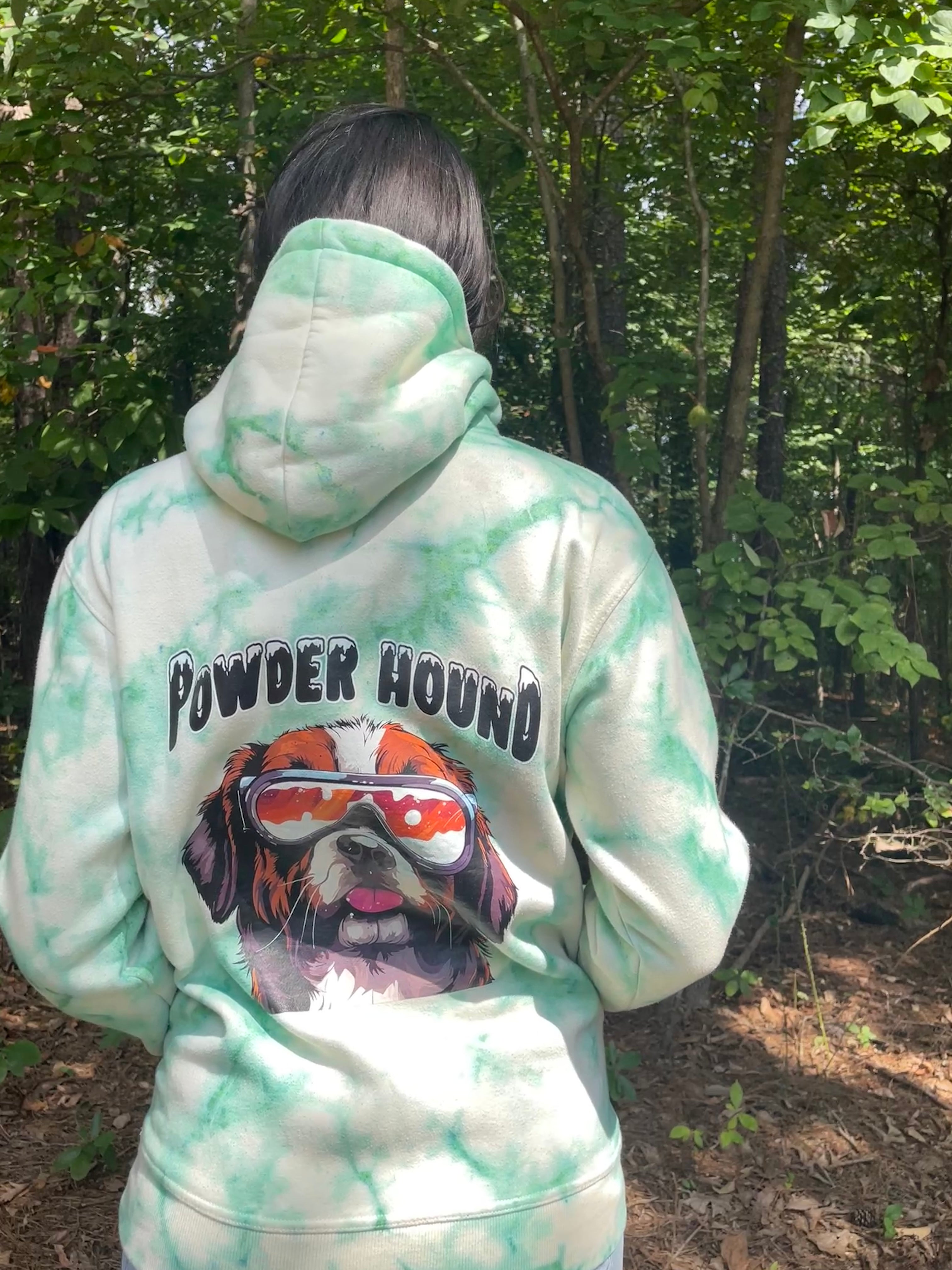 Medium Men's Powder Hound Tie Dye Long Sleeve Pullover Hoodie | One-Of-a-Kind Upcycled White and Green Sweatshirt