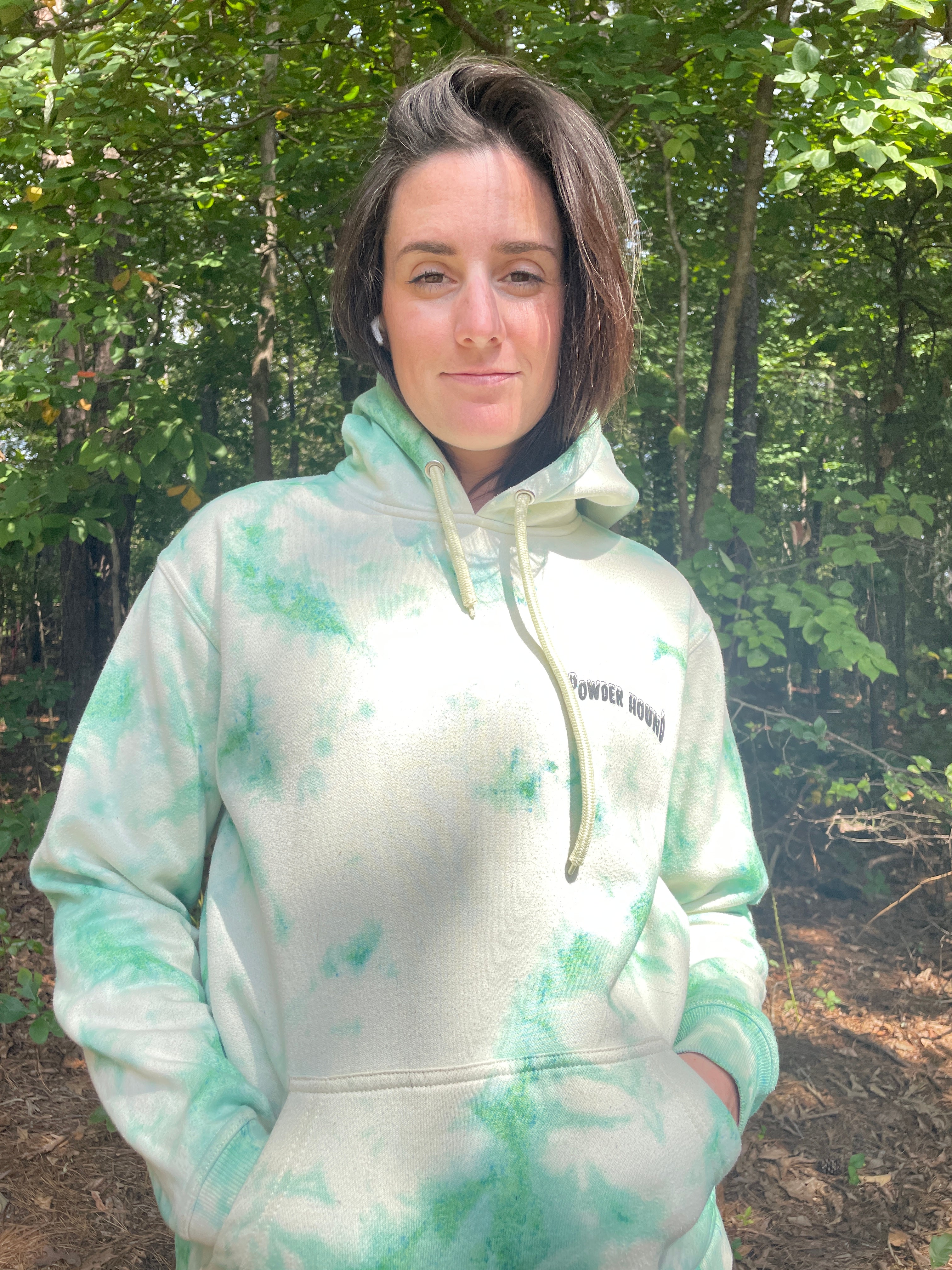 Medium Men's Powder Hound Tie Dye Long Sleeve Pullover Hoodie | One-Of-a-Kind Upcycled White and Green Sweatshirt