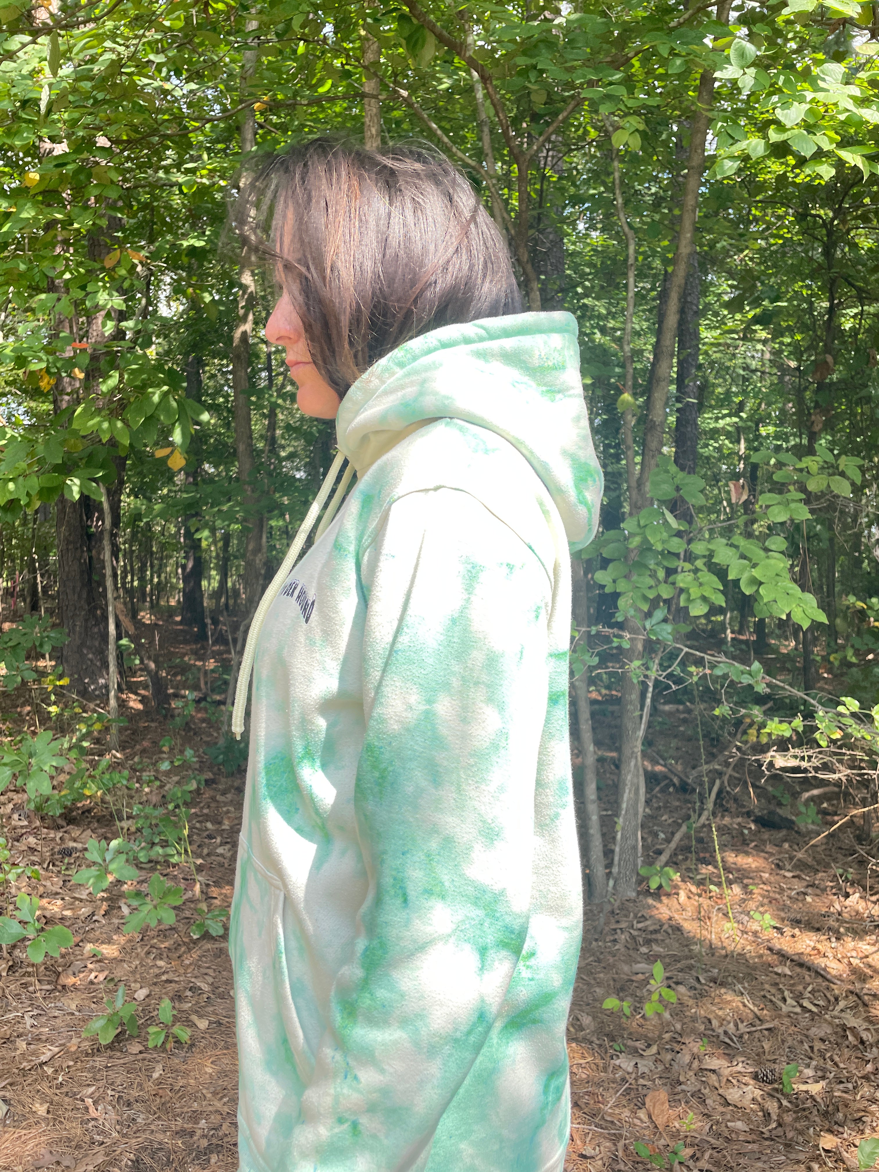 Medium Men's Powder Hound Tie Dye Long Sleeve Pullover Hoodie | One-Of-a-Kind Upcycled White and Green Sweatshirt