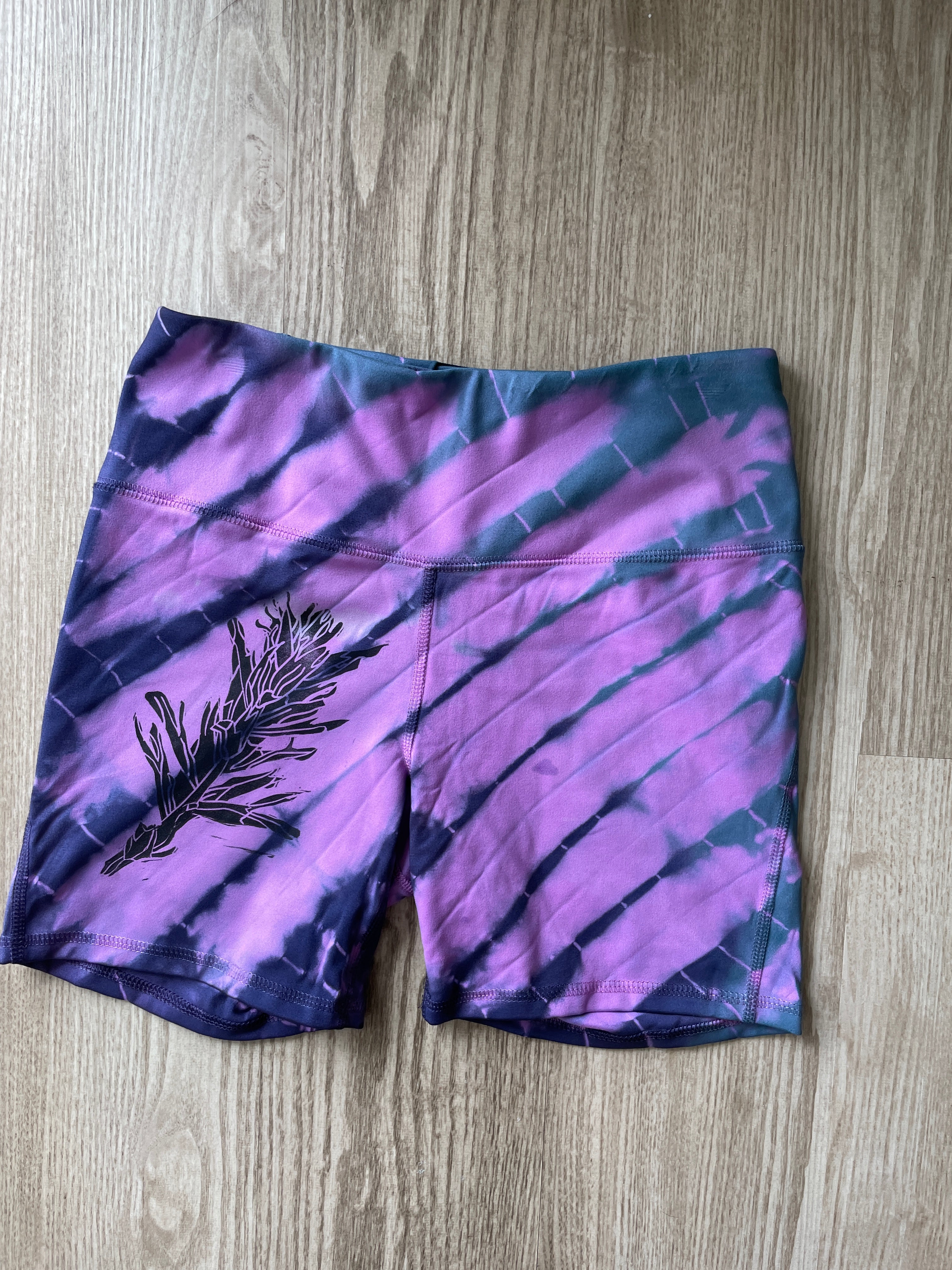 SMALL Women's Handprinted Indian Paintbrush Tie Dye Bike Shorts | One-Of-a-Kind Upcycled Pink and Blue 5-inch Spandex Shorts