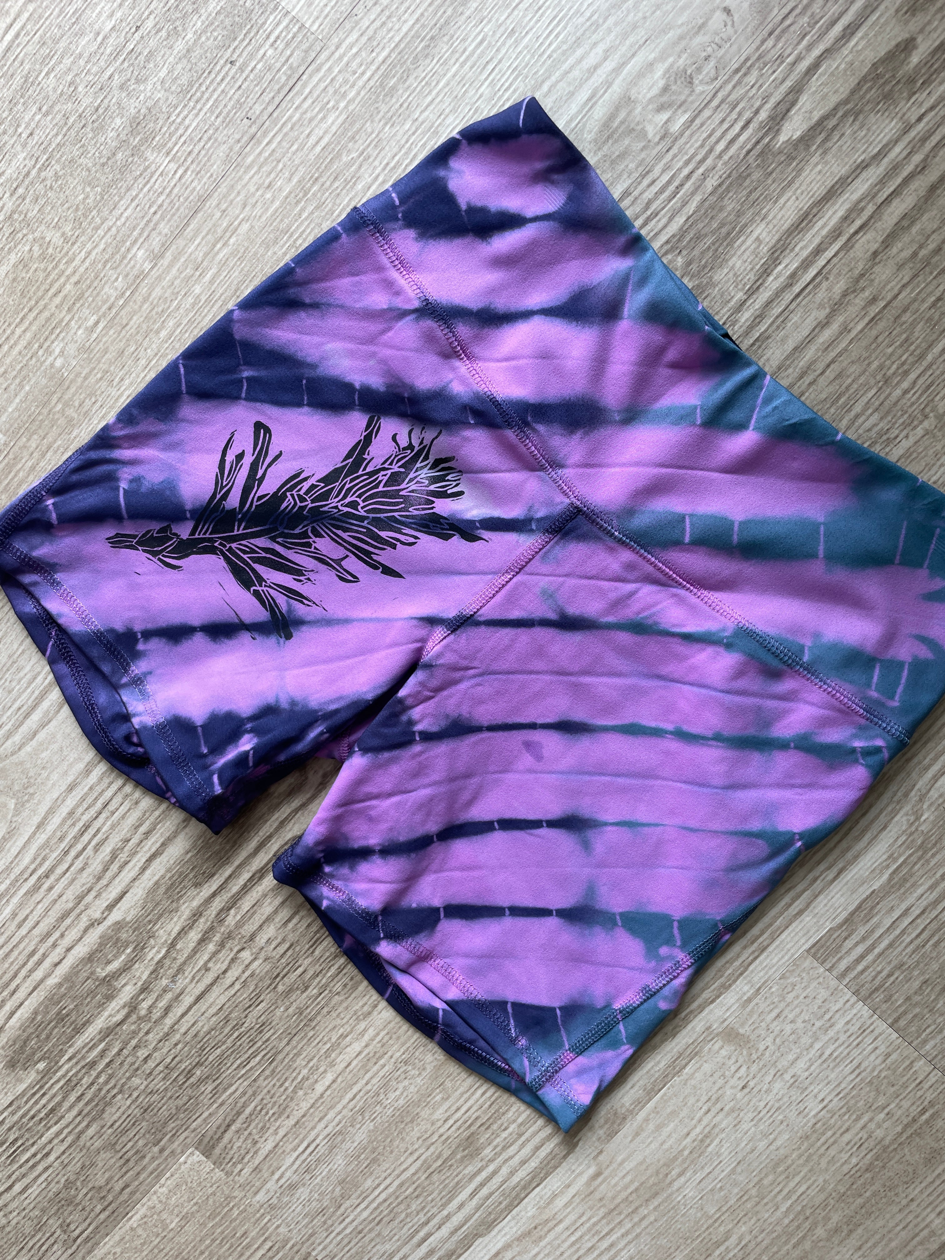 SMALL Women's Handprinted Indian Paintbrush Tie Dye Bike Shorts | One-Of-a-Kind Upcycled Pink and Blue 5-inch Spandex Shorts