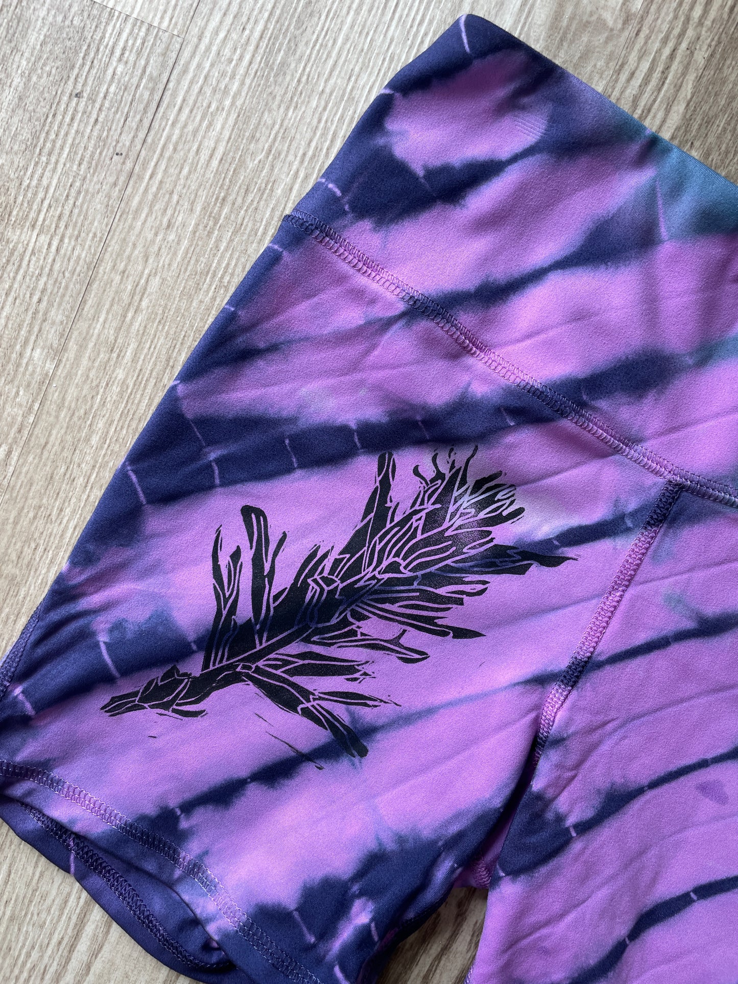 SMALL Women's Handprinted Indian Paintbrush Tie Dye Bike Shorts | One-Of-a-Kind Upcycled Pink and Blue 5-inch Spandex Shorts