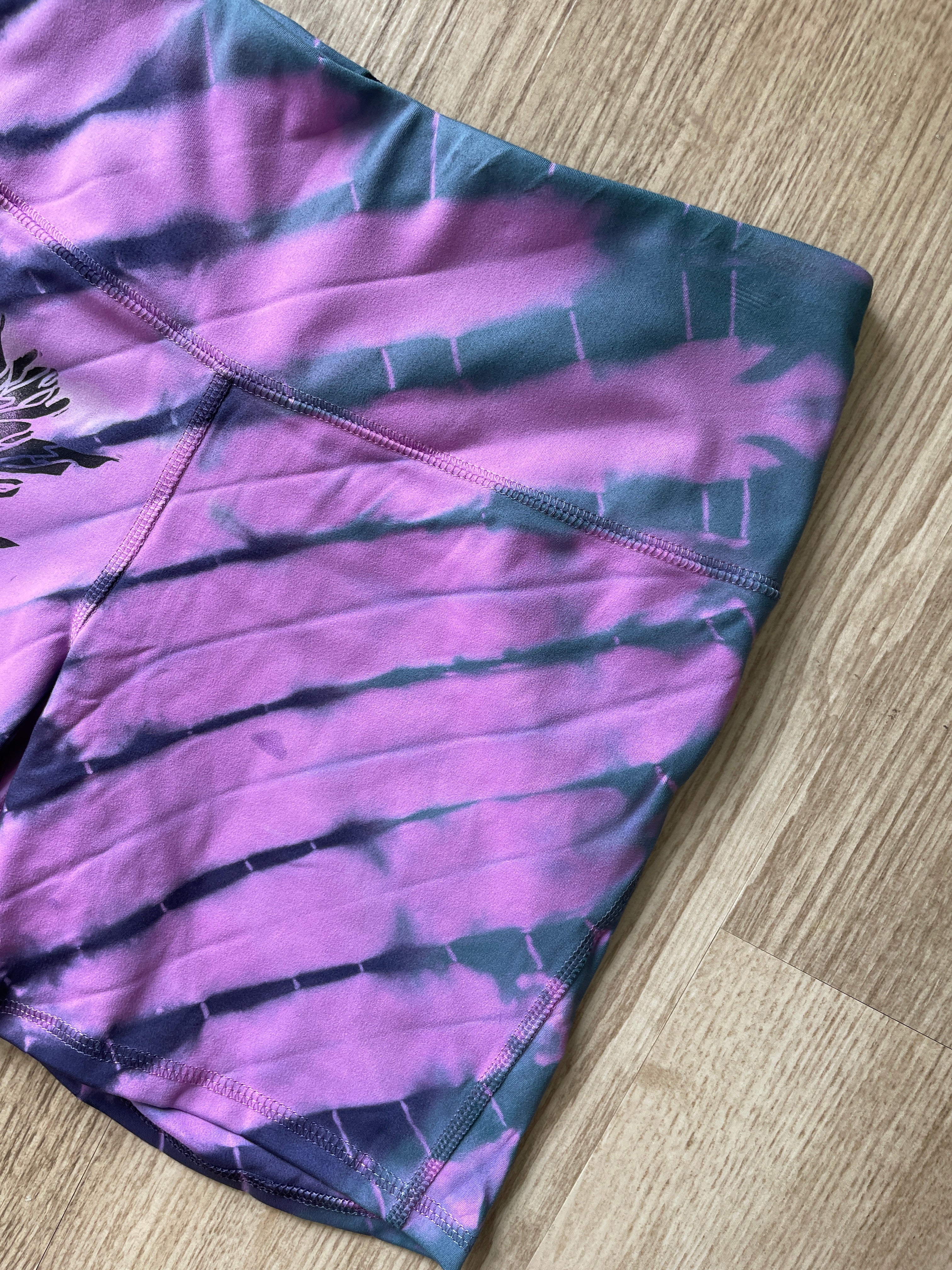 SMALL Women's Handprinted Indian Paintbrush Tie Dye Bike Shorts | One-Of-a-Kind Upcycled Pink and Blue 5-inch Spandex Shorts