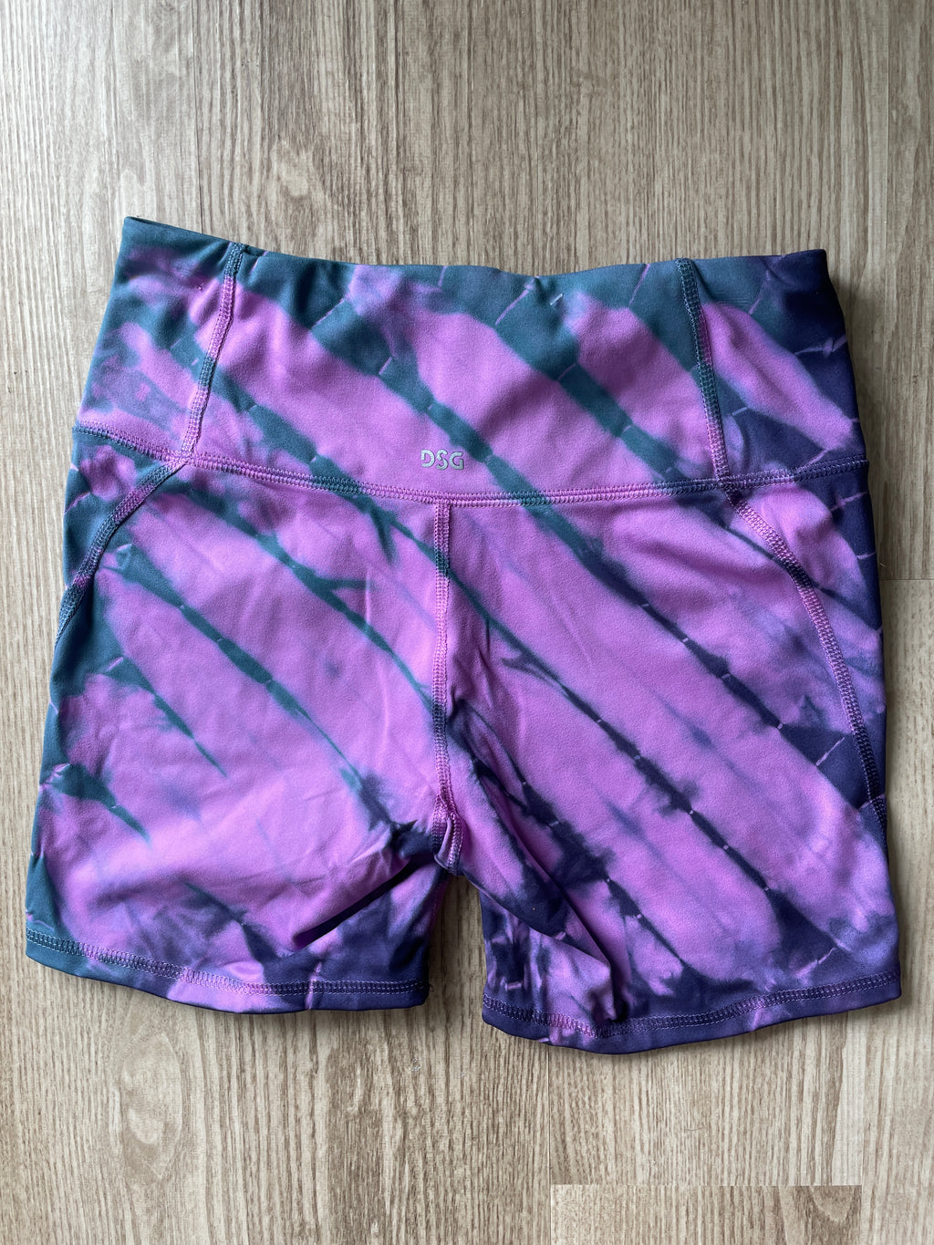 SMALL Women's Handprinted Indian Paintbrush Tie Dye Bike Shorts | One-Of-a-Kind Upcycled Pink and Blue 5-inch Spandex Shorts