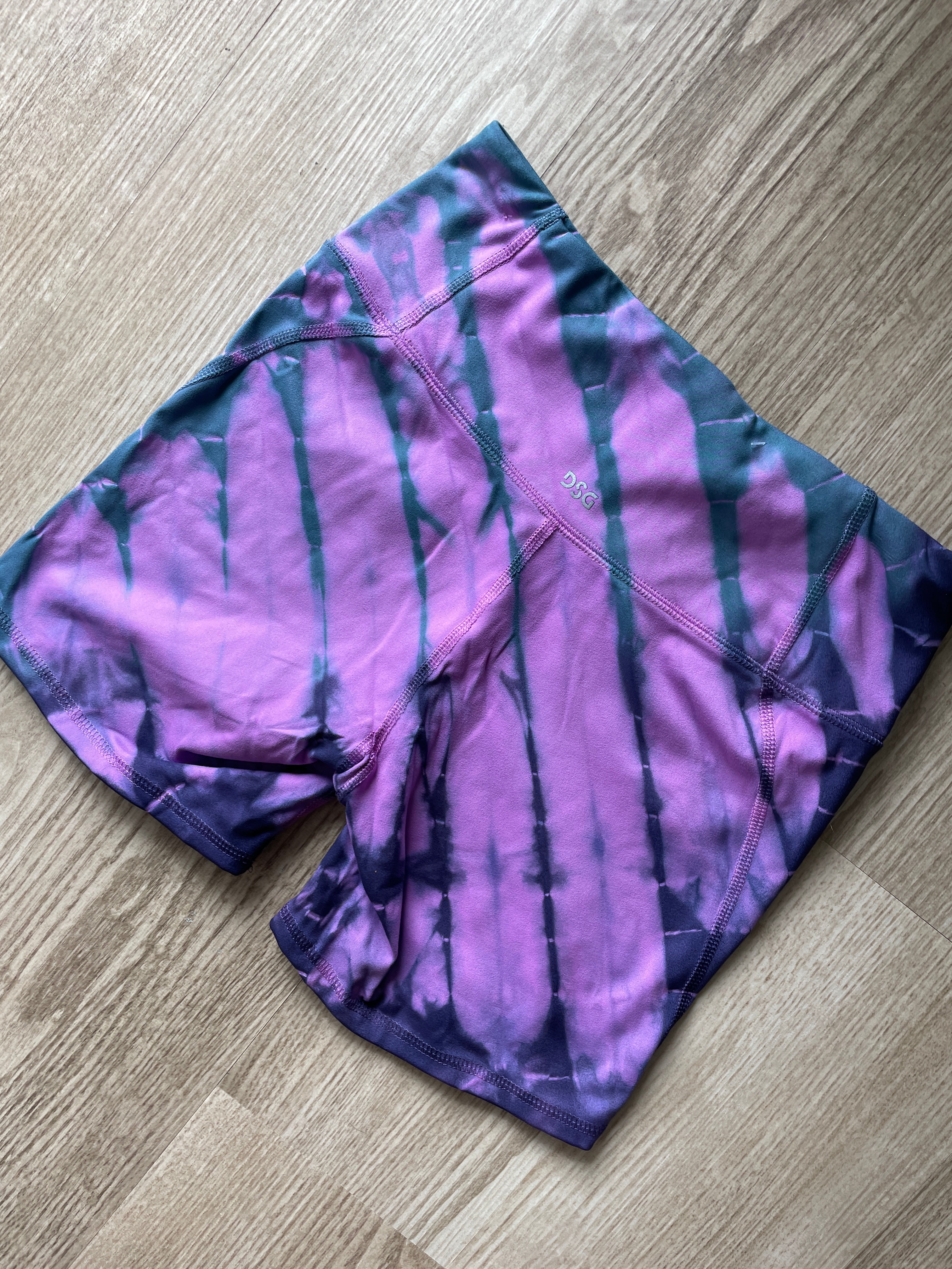 SMALL Women's Handprinted Indian Paintbrush Tie Dye Bike Shorts | One-Of-a-Kind Upcycled Pink and Blue 5-inch Spandex Shorts