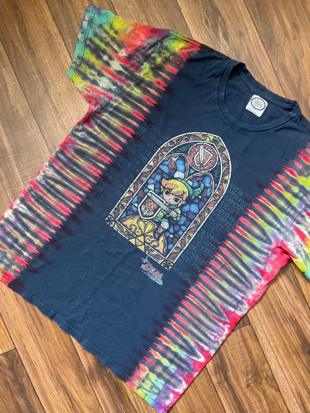 Medium Men's Legend of Zelda Handmade Tie Dye Short Sleeve T-Shirt | One-Of-a-Kind Upcycled Navy Blue Pleated Top