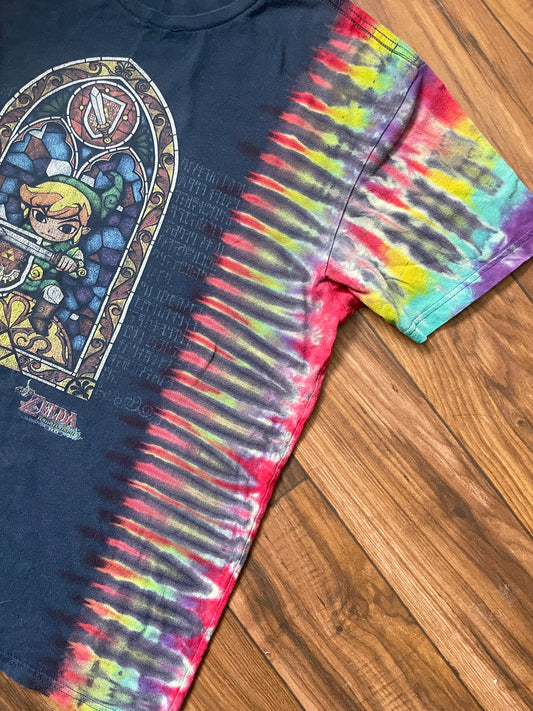 Medium Men's Legend of Zelda Handmade Tie Dye Short Sleeve T-Shirt | One-Of-a-Kind Upcycled Navy Blue Pleated Top