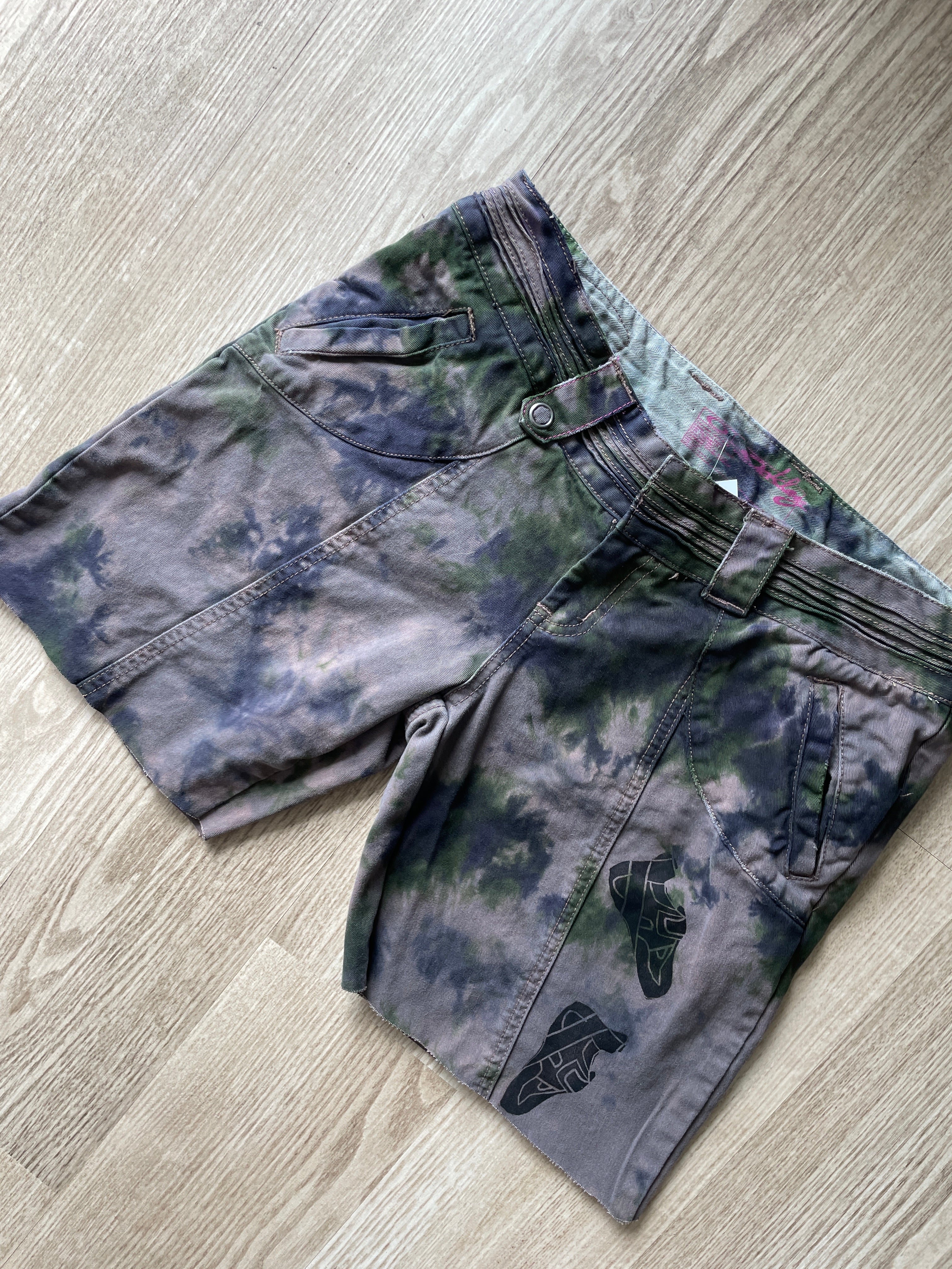Women's Size 10 Oakley Tie Dye Casual Cutoff Shorts | One-Of-a-Kind Upcycled Brown, Green, and Blue Crumpled Casual Shorts
