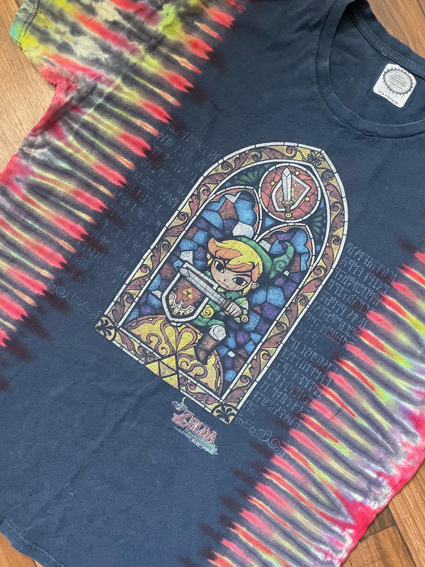 Medium Men's Legend of Zelda Handmade Tie Dye Short Sleeve T-Shirt | One-Of-a-Kind Upcycled Navy Blue Pleated Top
