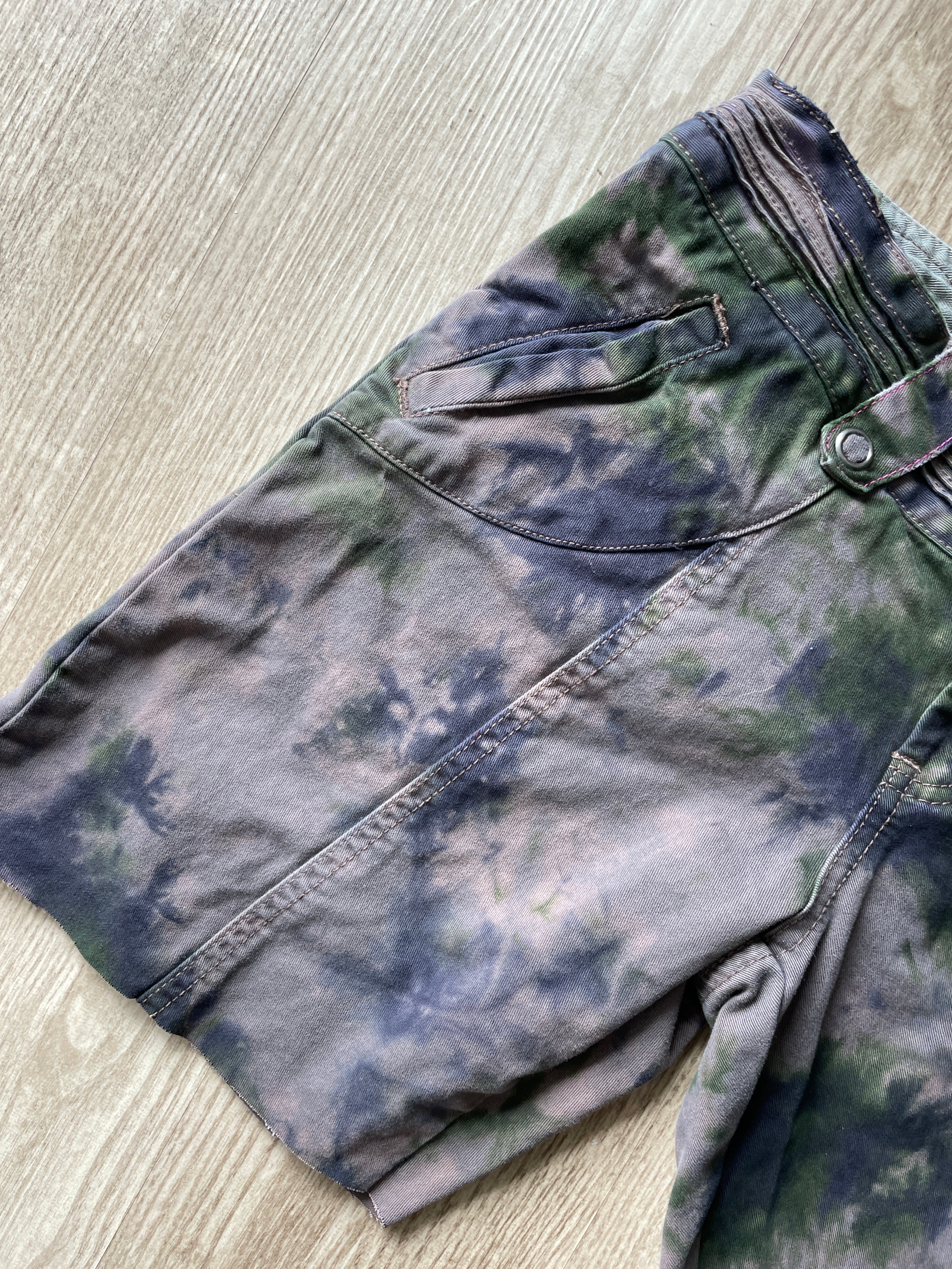 Women's Size 10 Oakley Tie Dye Casual Cutoff Shorts | One-Of-a-Kind Upcycled Brown, Green, and Blue Crumpled Casual Shorts