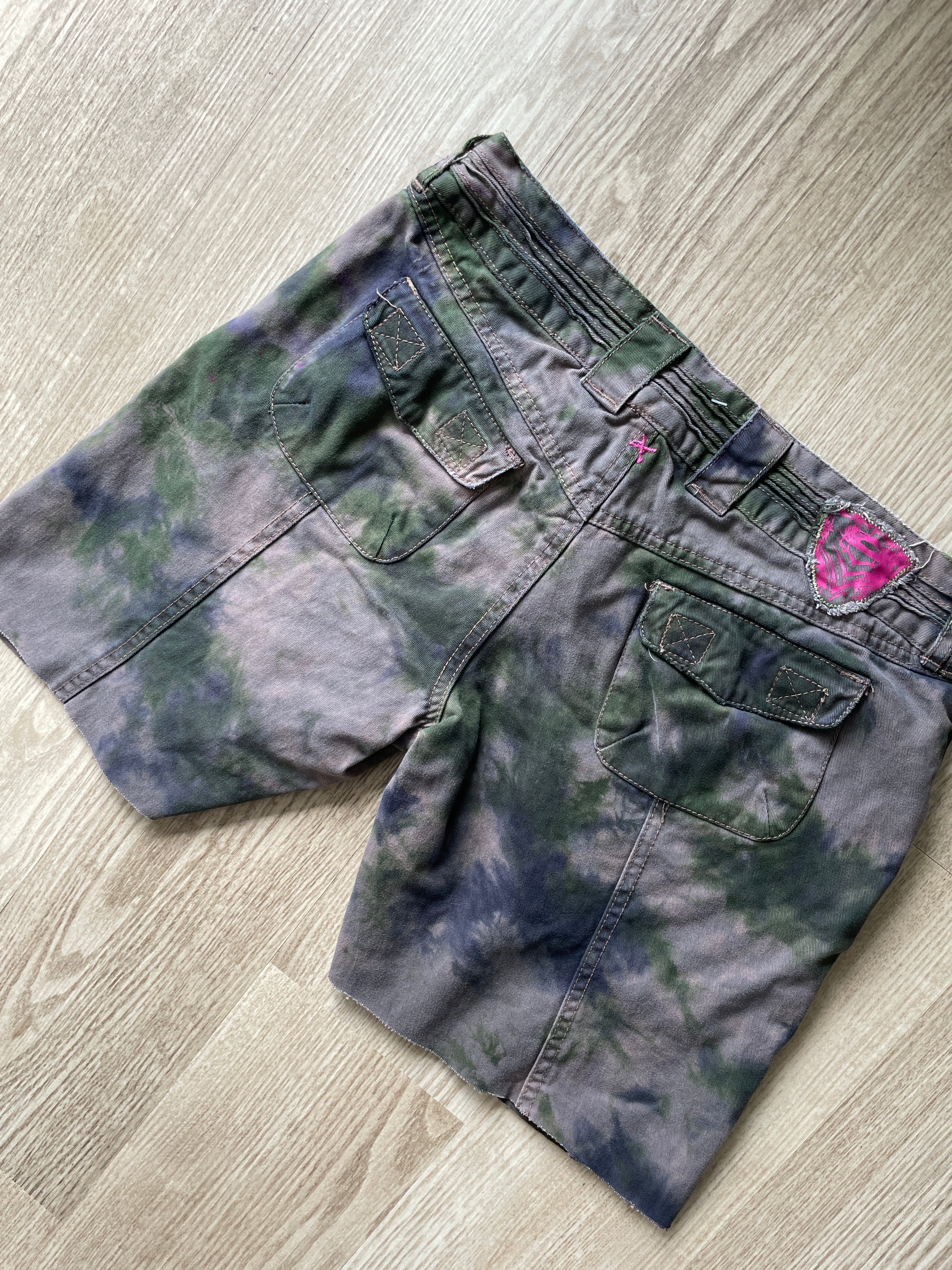 Women's Size 10 Oakley Tie Dye Casual Cutoff Shorts | One-Of-a-Kind Upcycled Brown, Green, and Blue Crumpled Casual Shorts