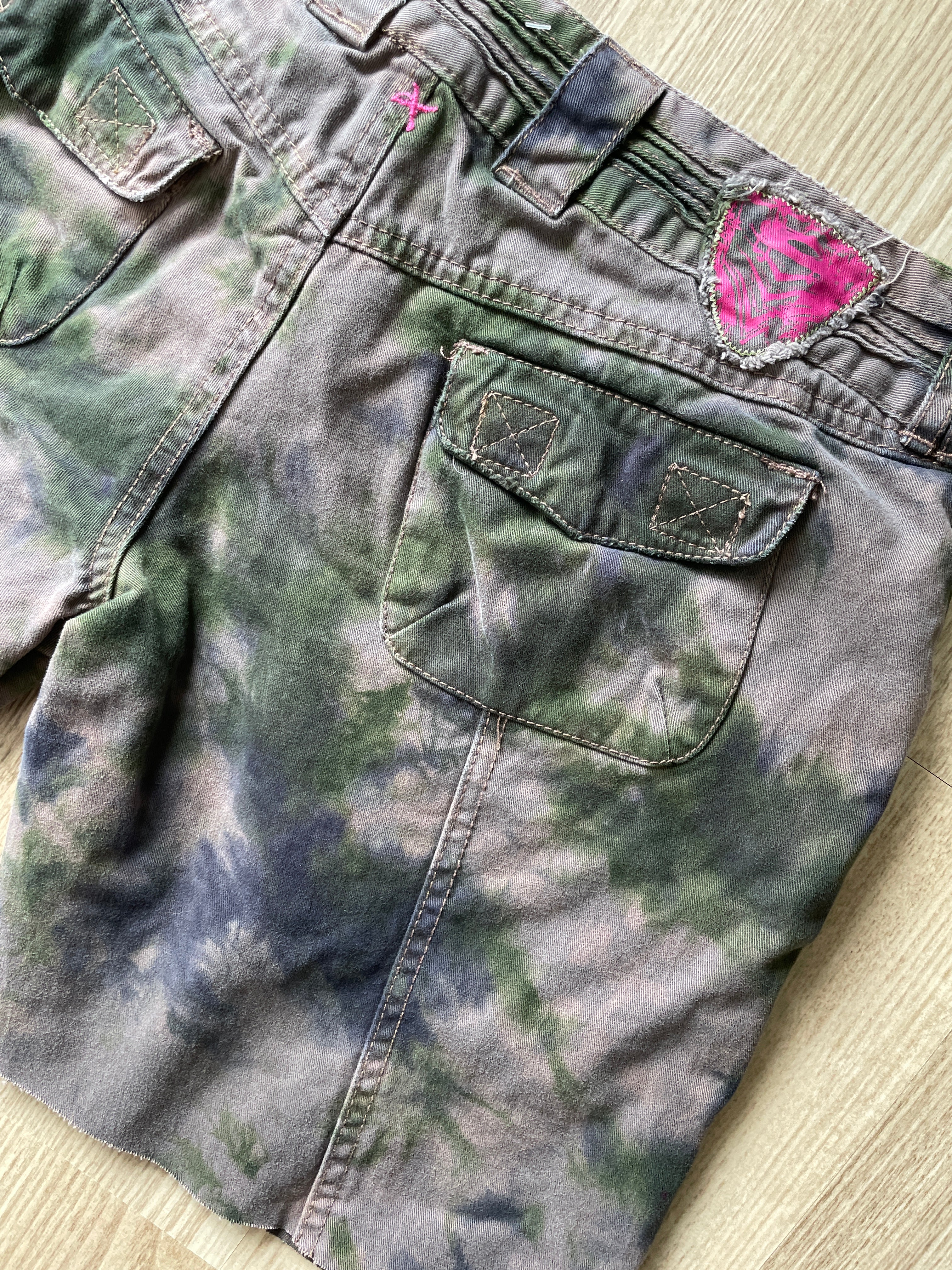 Women's Size 10 Oakley Tie Dye Casual Cutoff Shorts | One-Of-a-Kind Upcycled Brown, Green, and Blue Crumpled Casual Shorts