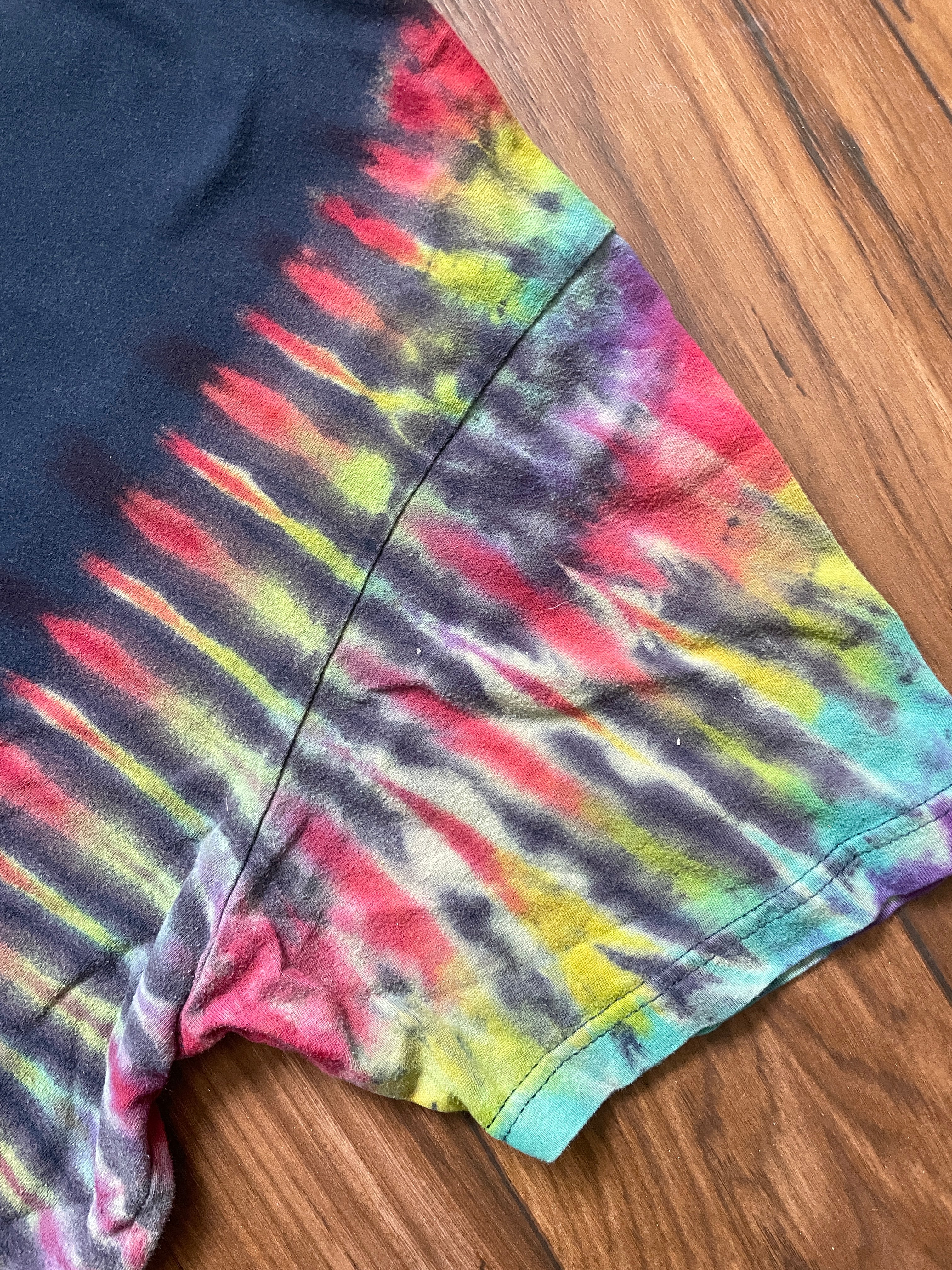 Medium Men's Legend of Zelda Handmade Tie Dye Short Sleeve T-Shirt | One-Of-a-Kind Upcycled Navy Blue Pleated Top