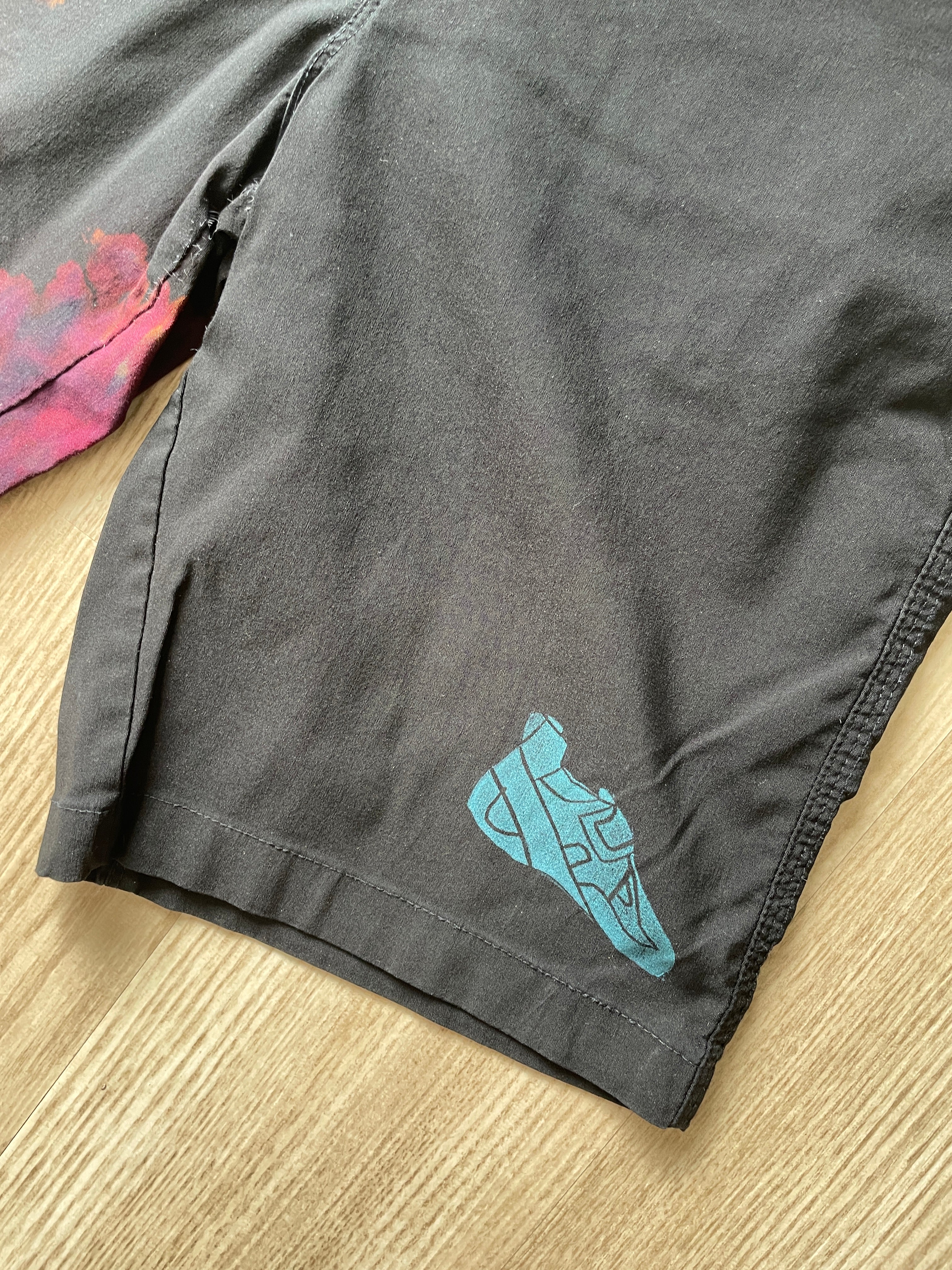 Men’s Size 30 Gerry Tie Dye Shorts | One-Of-a-Kind Upcycled Black and Pink Crumpled Climbing Shorts