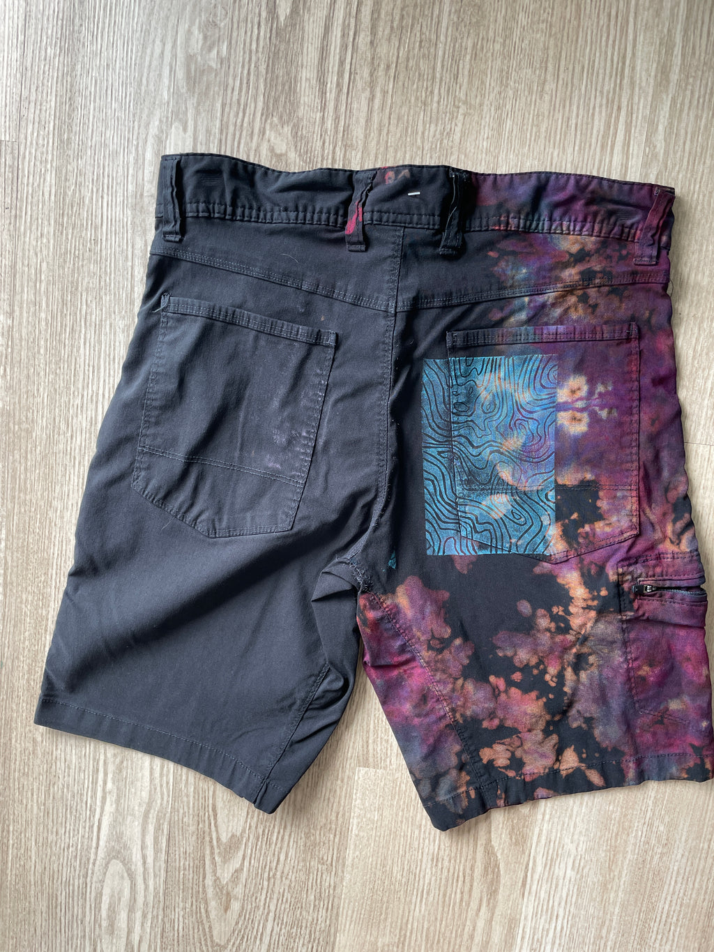 Men’s Size 30 Gerry Tie Dye Shorts | One-Of-a-Kind Upcycled Black and Pink Crumpled Climbing Shorts