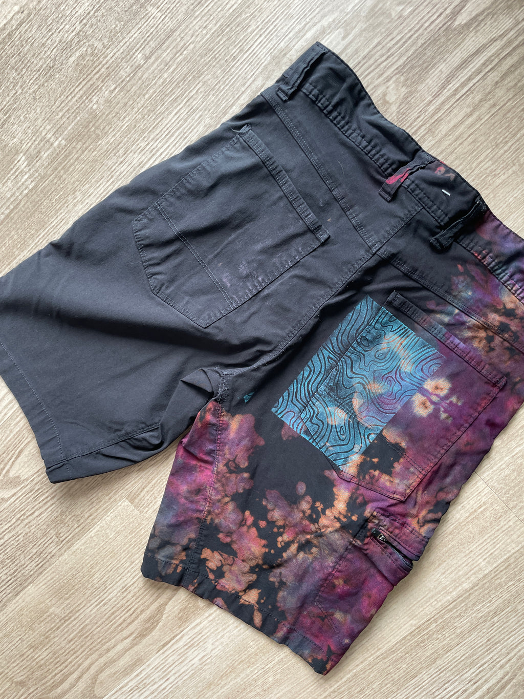 Men’s Size 30 Gerry Tie Dye Shorts | One-Of-a-Kind Upcycled Black and Pink Crumpled Climbing Shorts