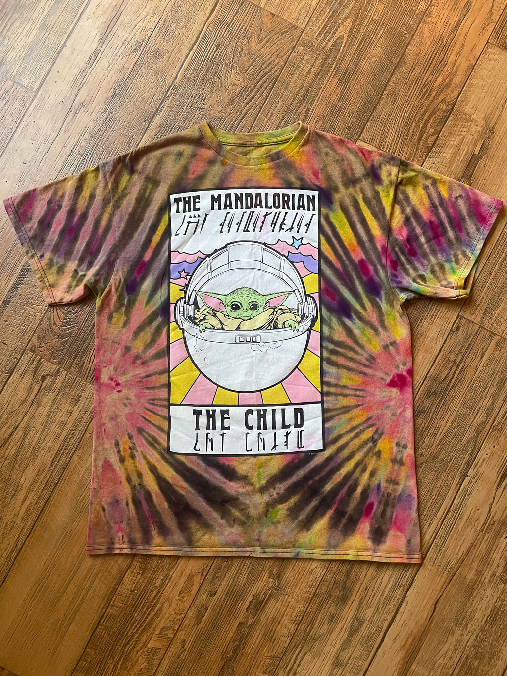 Star Wars The Mandalorian The Child Neon Rainbow Tie Dye Short Sleeve T-Shirt | Men's Large